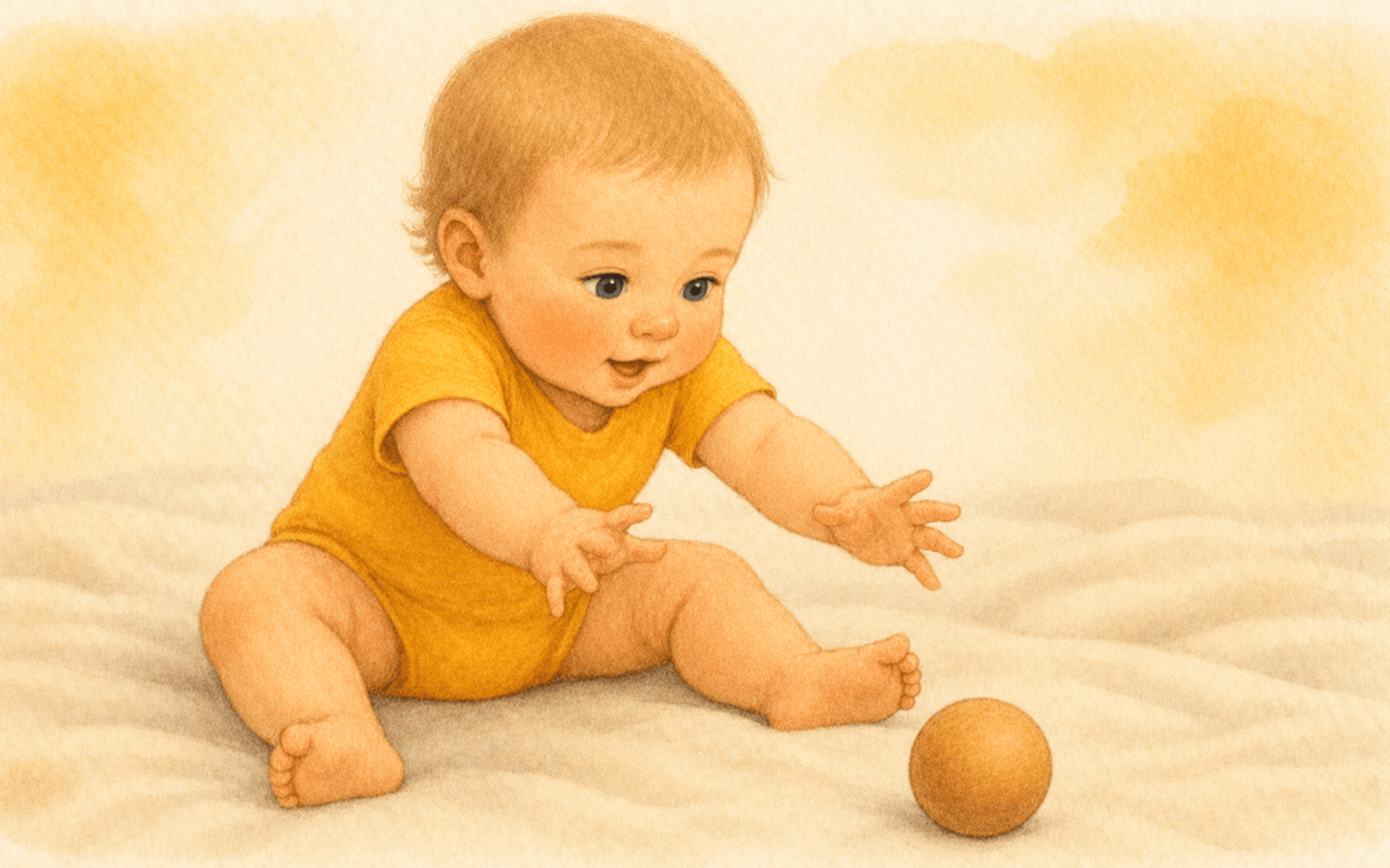 Nine-month-old baby sitting independently on a blanket reaching for a rolling wooden ball — predictive reaching as a hand eye coordination activity for babies