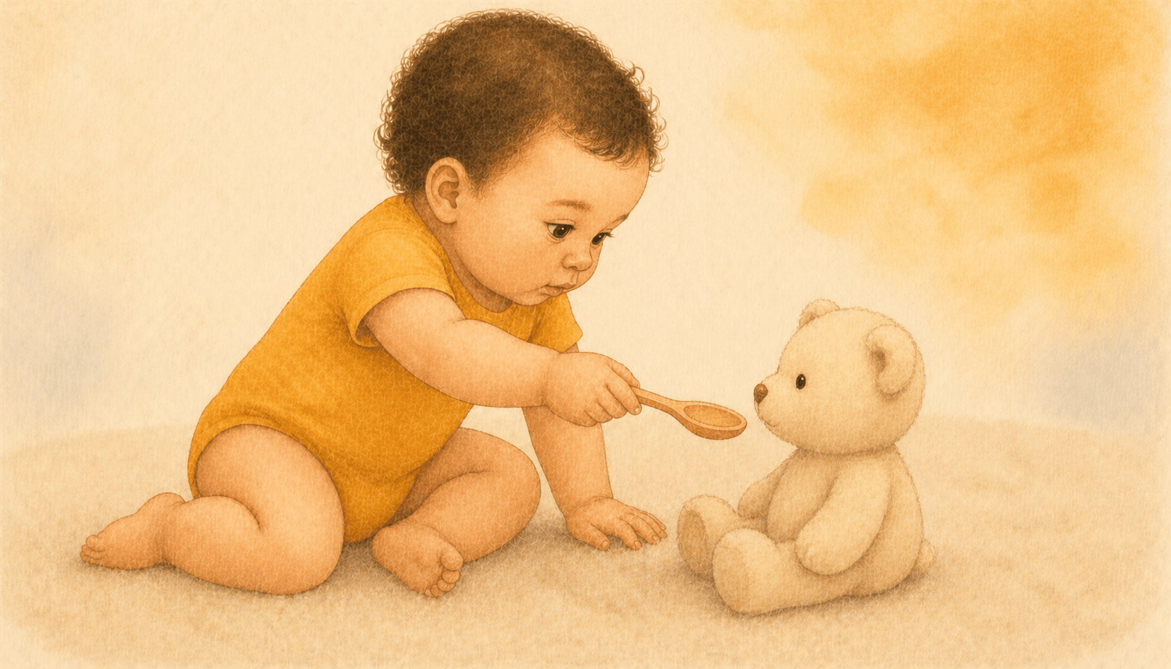 Eighteen-month-old toddler holding a wooden spoon out toward a small stuffed bear — pretend play as early executive function development in activities for 18 month old