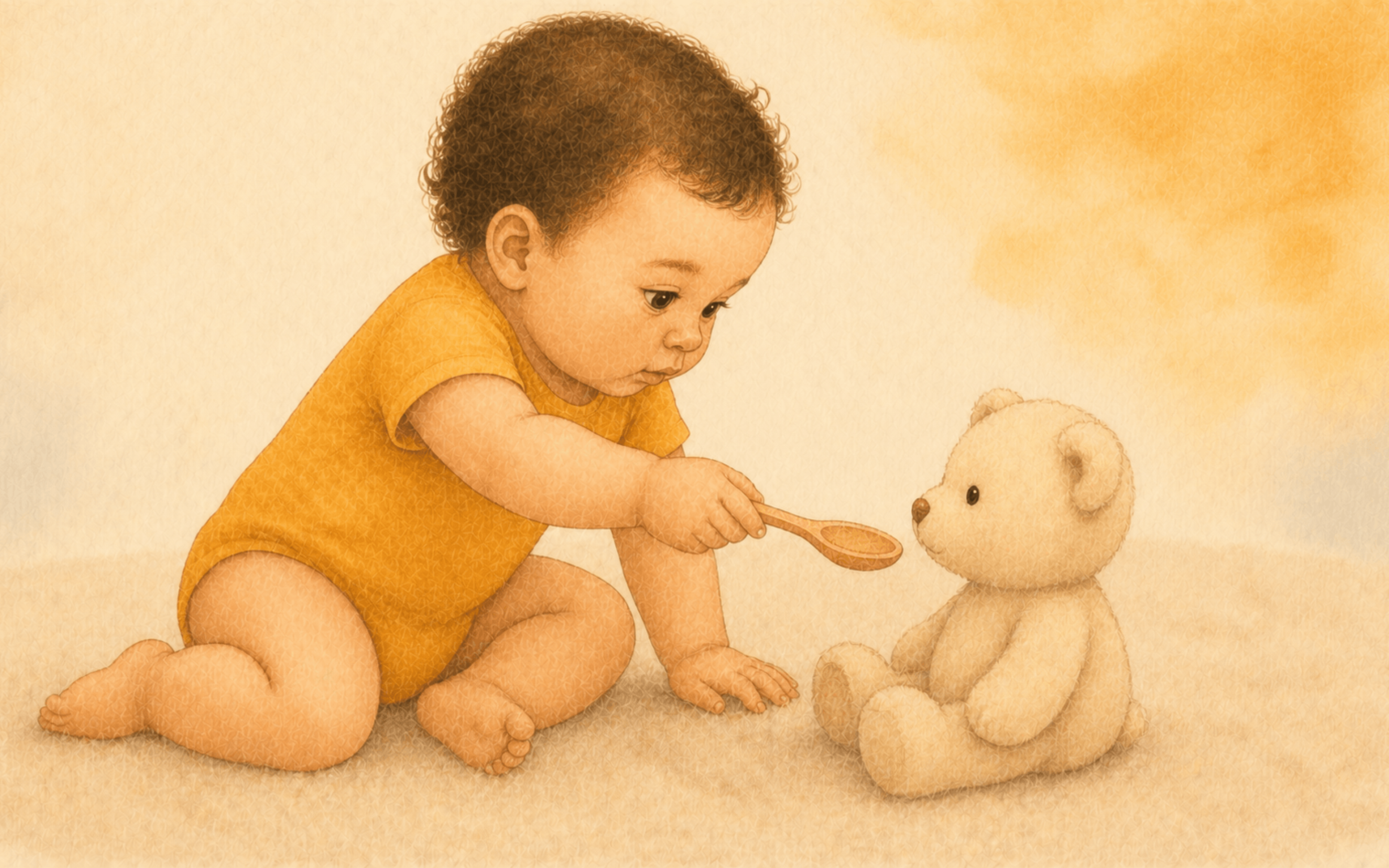 Eighteen-month-old toddler holding a wooden spoon out toward a small stuffed bear — pretend play as early executive function development in activities for 18 month old
