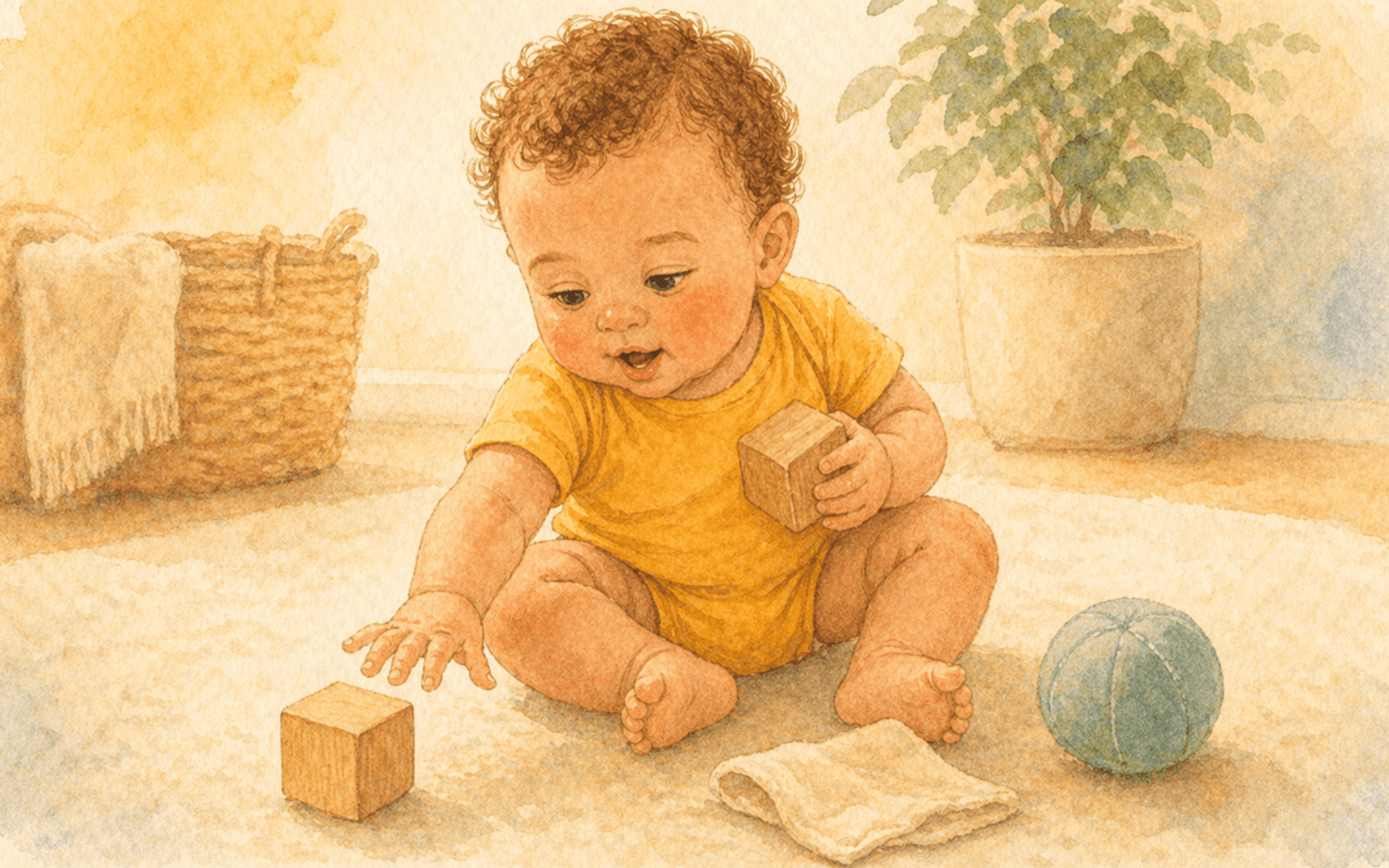 Seven-month-old baby with light brown skin and soft auburn curls sitting independently on a play mat, holding one wooden block and reaching for another — two-handed object exploration at 7 months