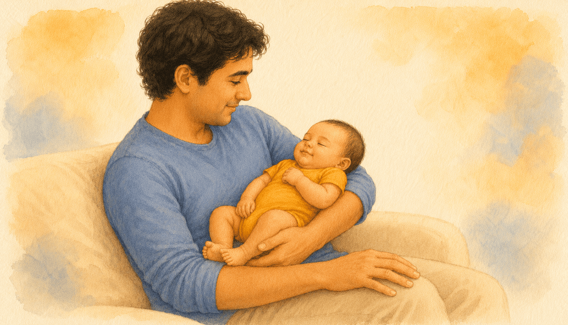 Father with olive skin and dark hair seated on a cream rug, 6-week-old baby with reflex smile sleeping peacefully nearby — illustrating the difference between reflex and social smile