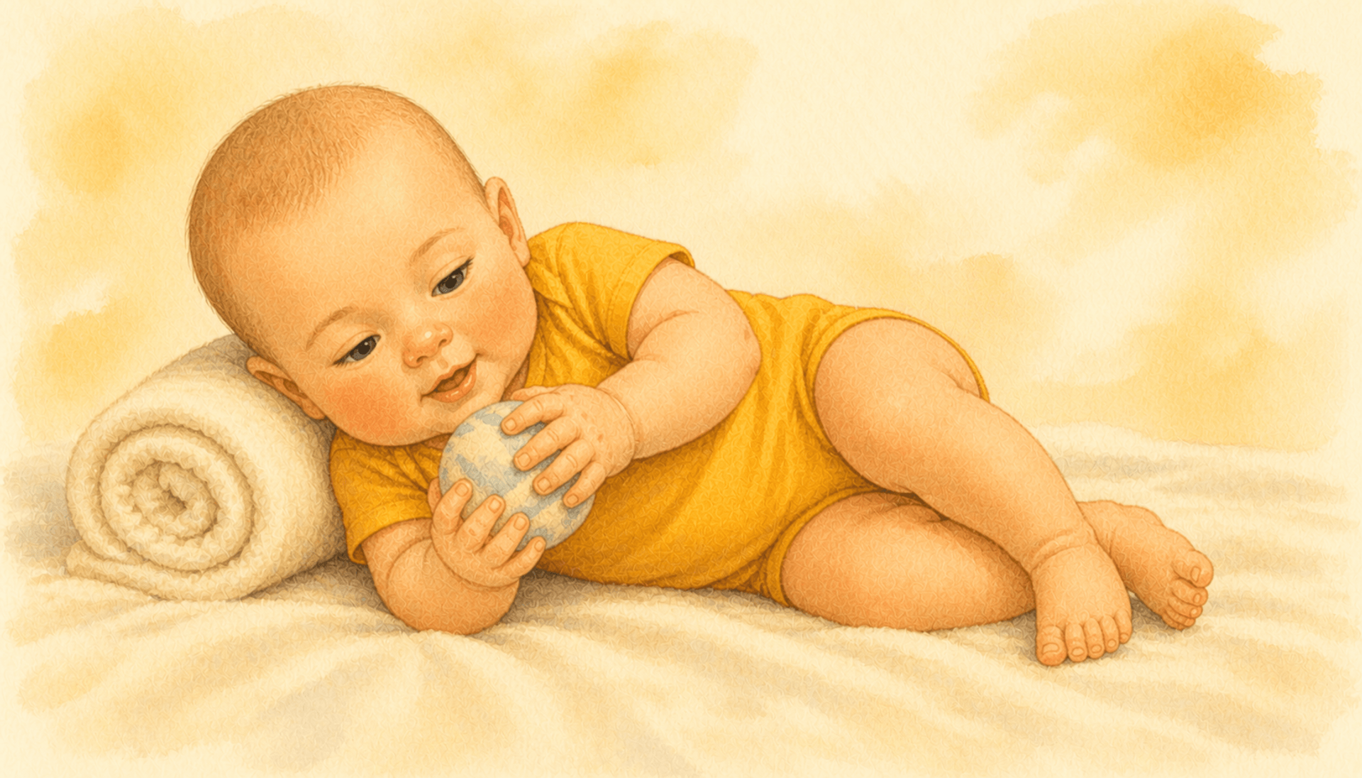 Five-month-old baby in supported side-lying position with rolled towel behind back, both hands at midline holding soft fabric ball — supported side-lying play that builds rolling skills