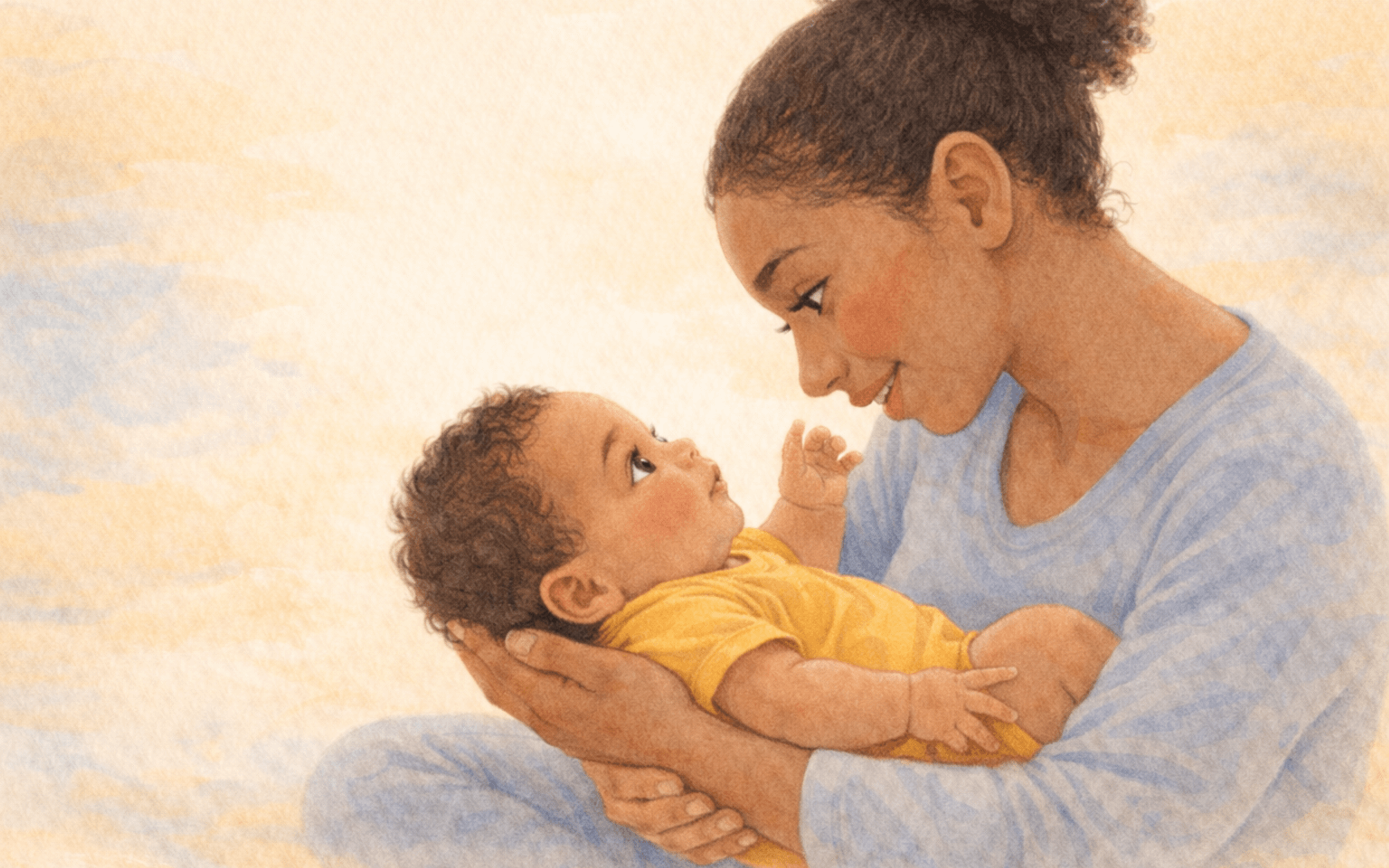 Mom with dark brown skin and curly hair in a high puff sitting with her newborn, making eye contact and talking during a wake window
