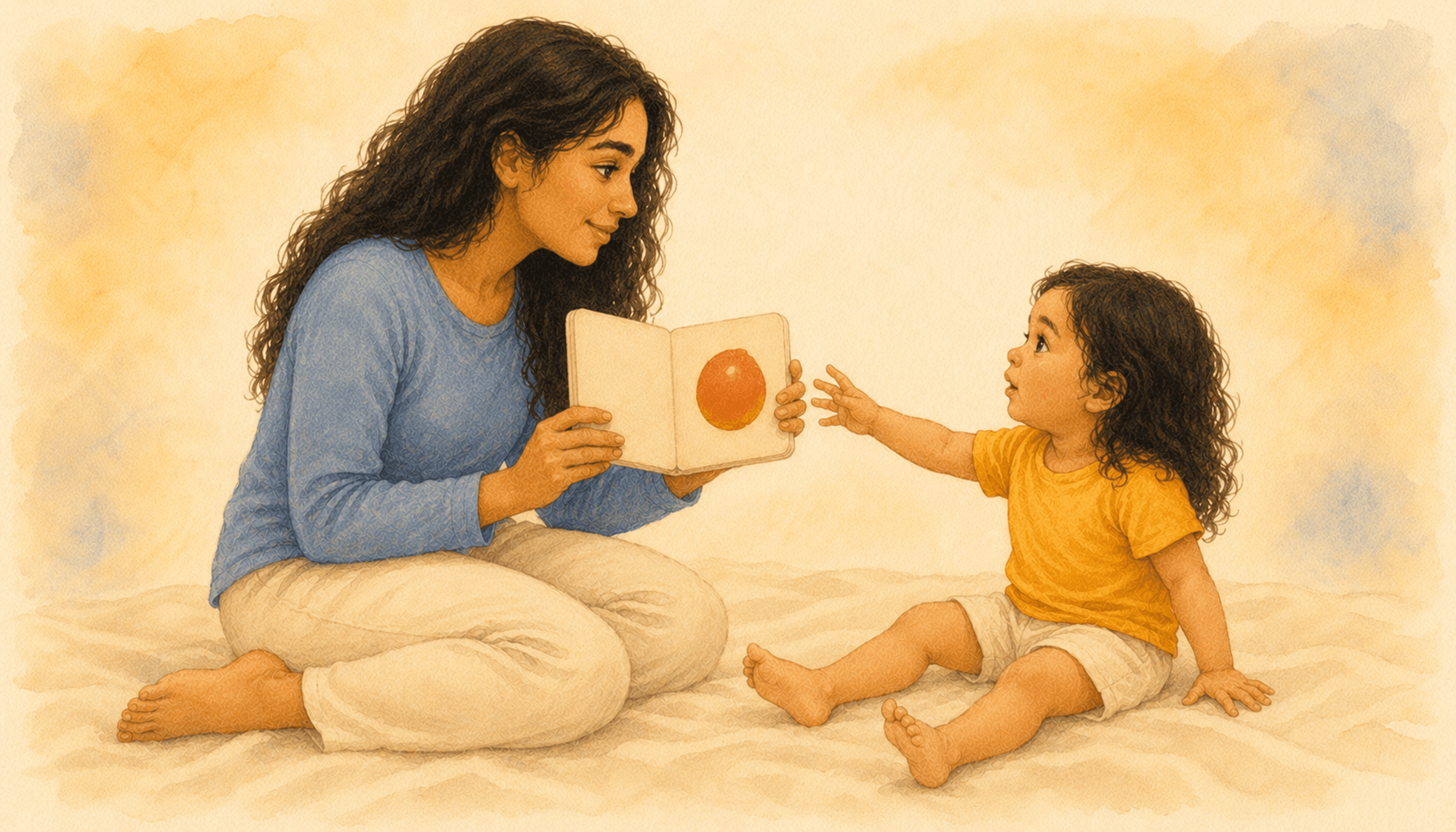  Mother and toddler sitting face-to-face on floor with children's book, making eye contact during reading interaction to build language skills