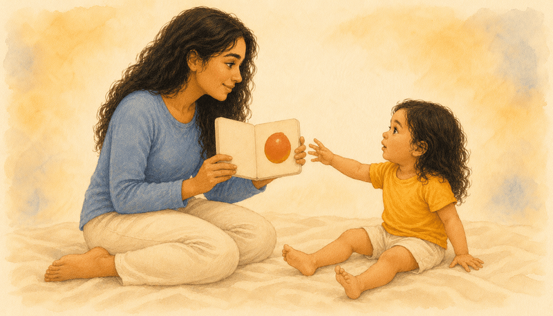  Mother and toddler sitting face-to-face on floor with children's book, making eye contact during reading interaction to build language skills