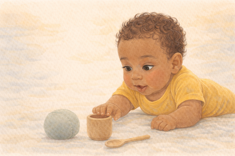 Watercolor illustration of an eight-month-old baby on tummy looking at a wooden cup and fabric ball on the floor
