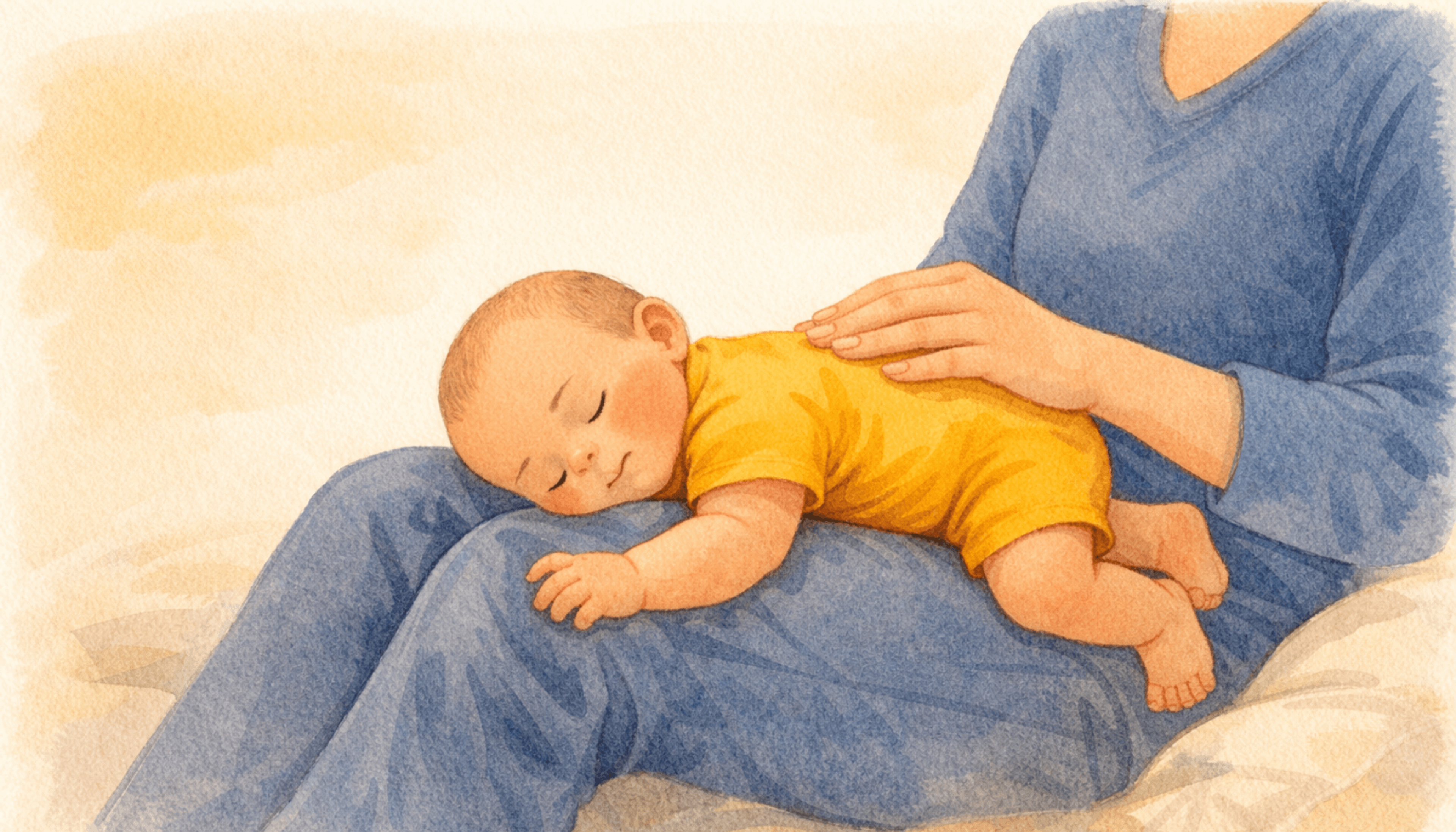 Baby placed face-down across parent's lap — lap soothe tummy time position