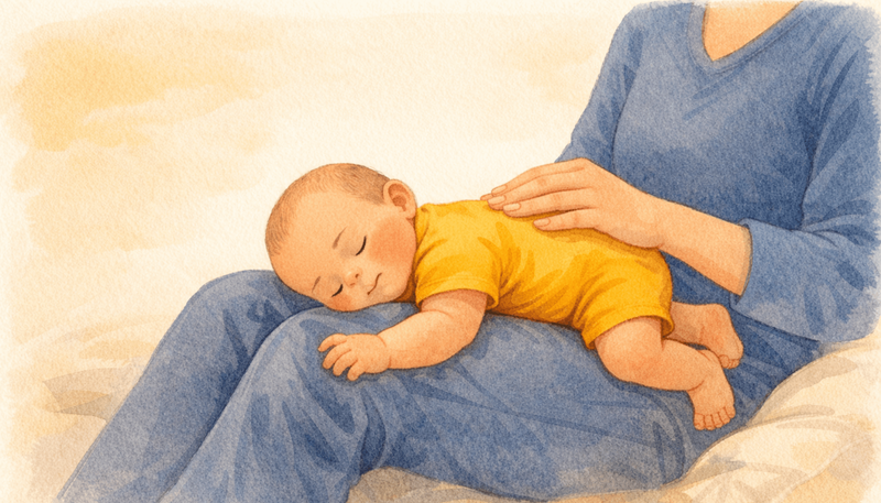 Baby placed face-down across parent's lap — lap soothe tummy time position