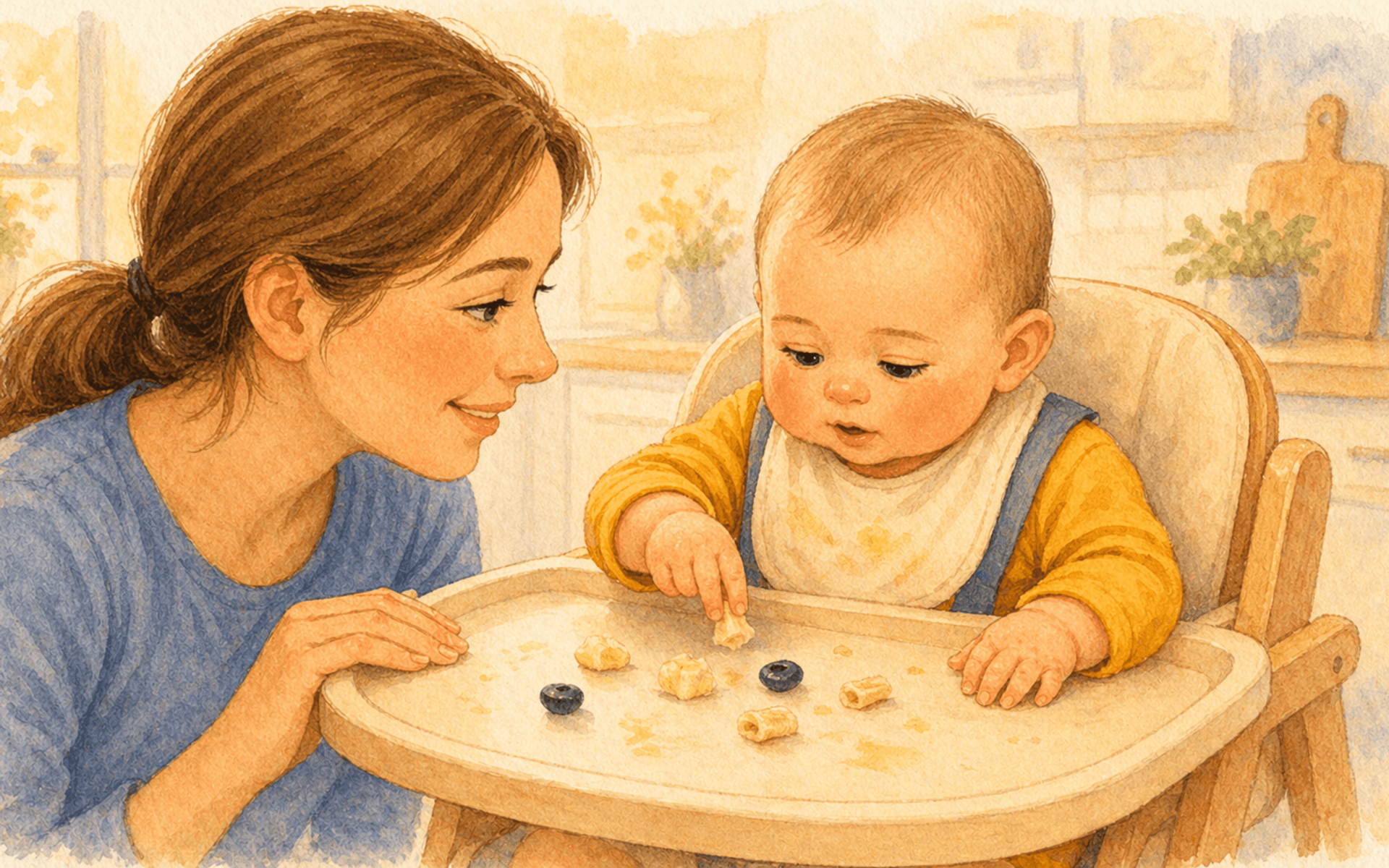 Eight-month-old baby in a high chair picking up a piece of banana with an inferior pincer grip while mom watches warmly — pincer-grasp practice at 8 months
