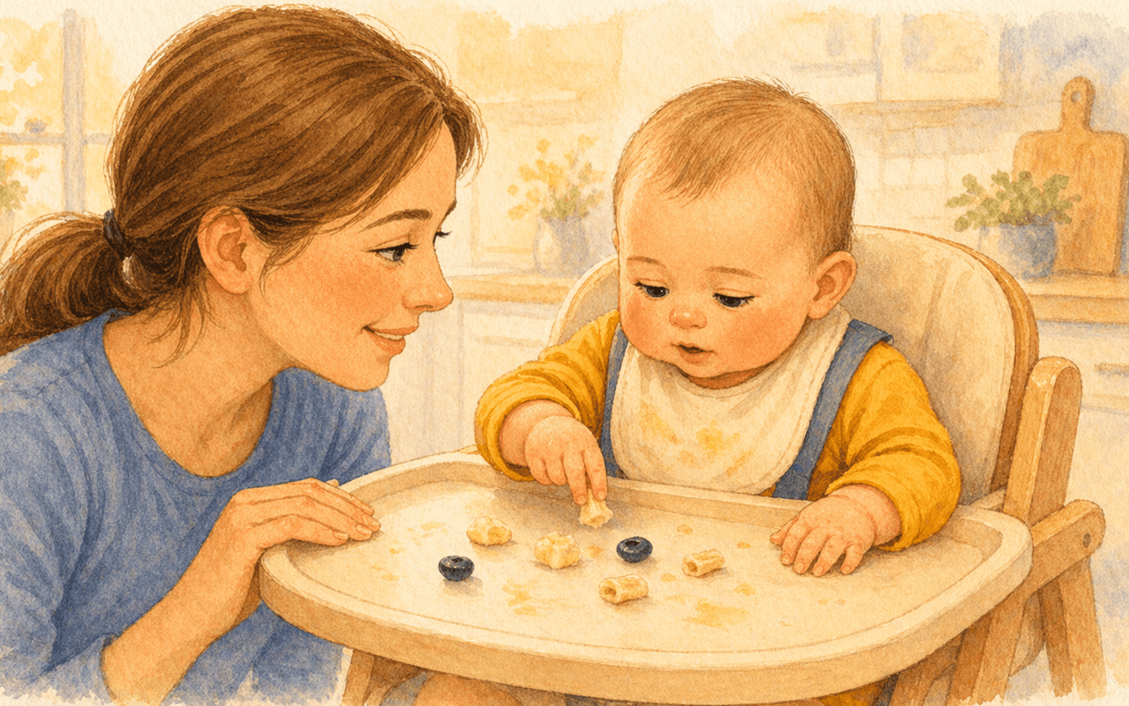 Eight-month-old baby in a high chair picking up a piece of banana with an inferior pincer grip while mom watches warmly — pincer-grasp practice at 8 months