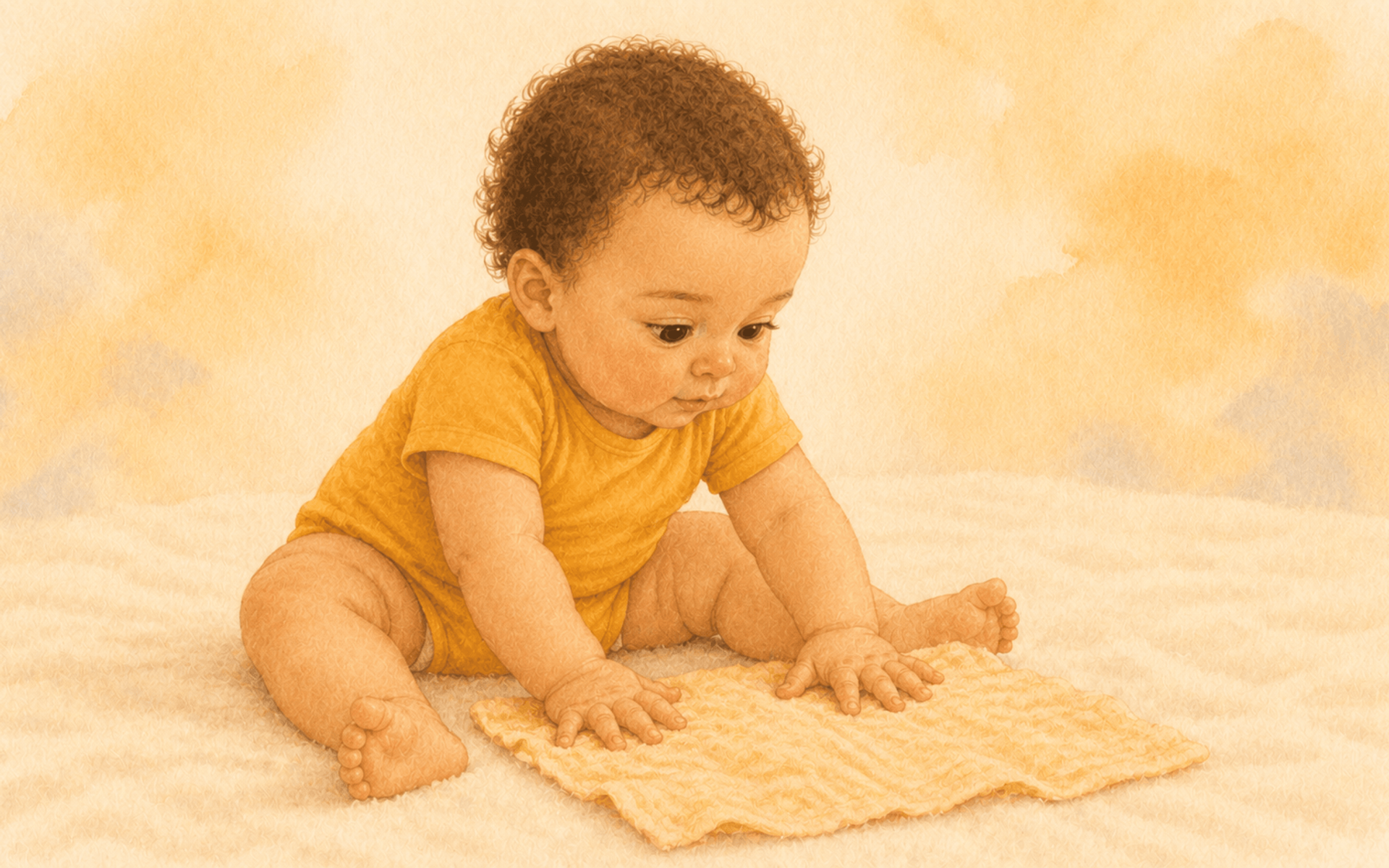 Eight-month-old baby pressing hands into crinkle fabric with focused expression — exploring cause and effect through action and sound response