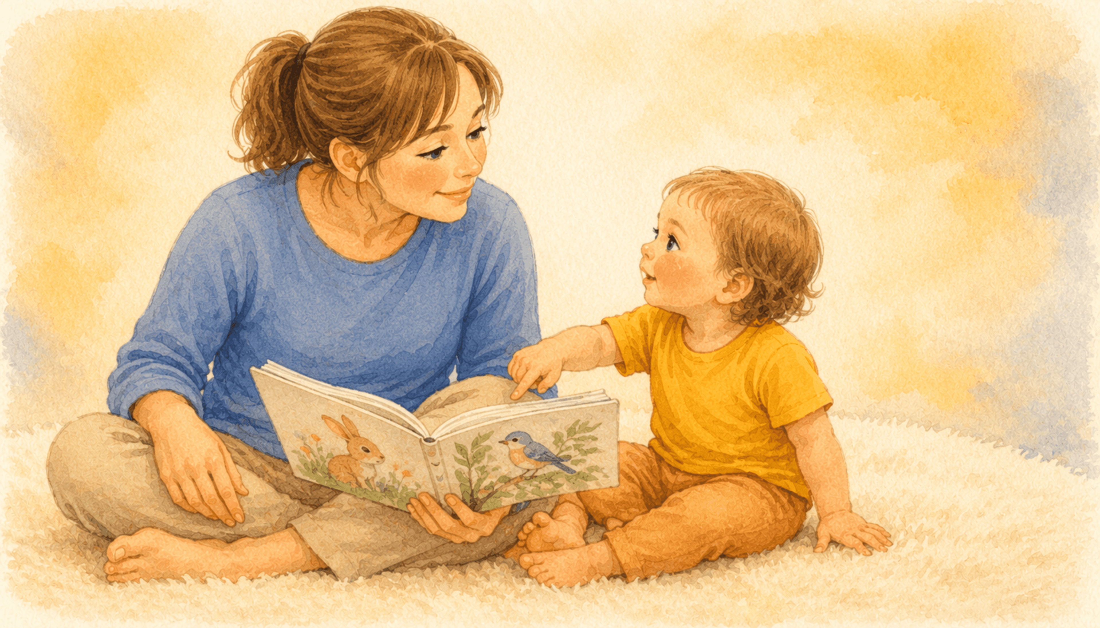 Mother and two-year-old sitting on a cream rug, toddler pointing at a picture book page and looking up at mom — language activities for 2 year old development