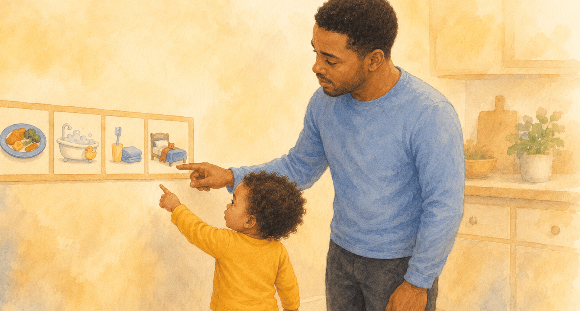 Father and two-year-old toddler looking at a visual routine schedule on the kitchen wall — predictable routines as a toddler discipline tool