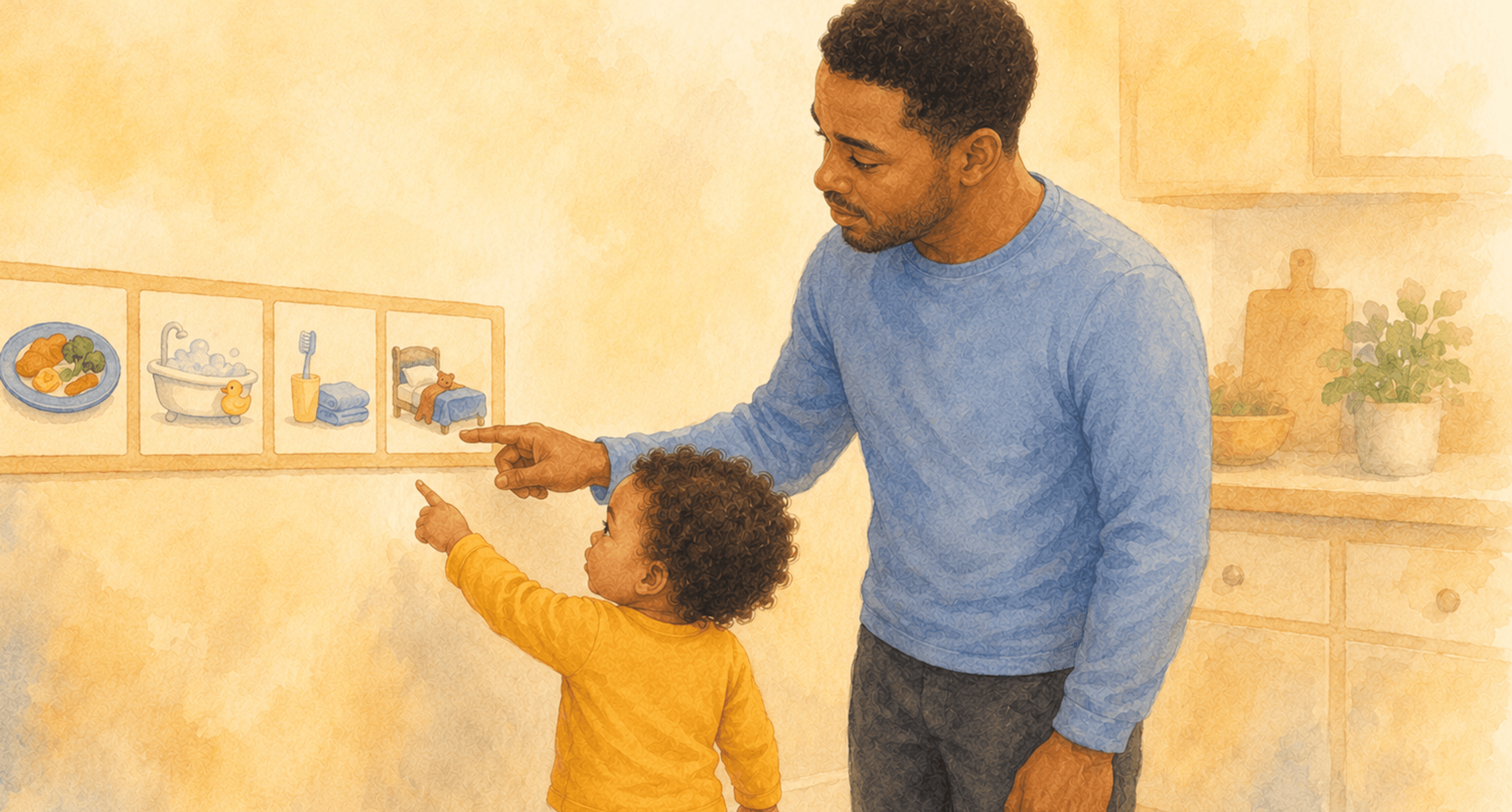 Father and two-year-old toddler looking at a visual routine schedule on the kitchen wall — predictable routines as a toddler discipline tool