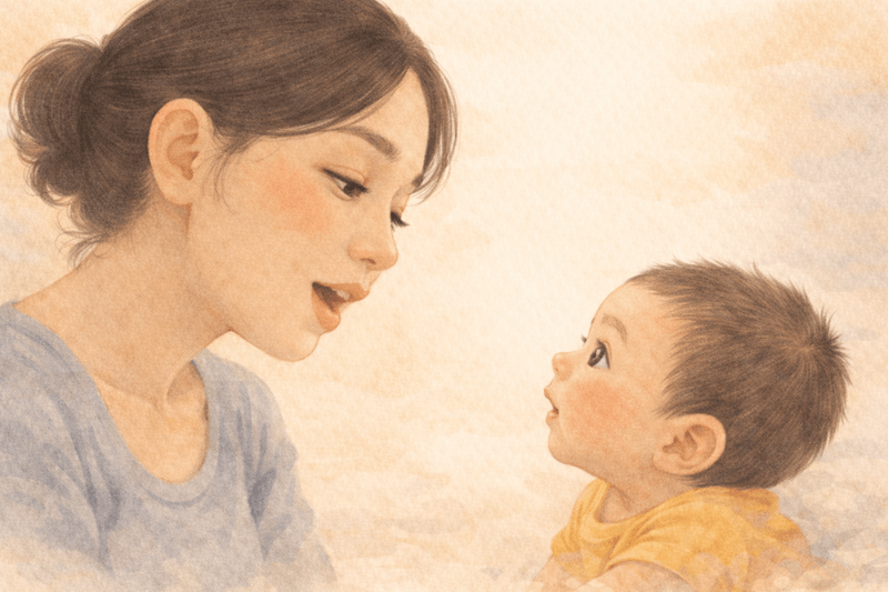 Watercolor illustration of a mother singing to a four-month-old baby, faces close together
