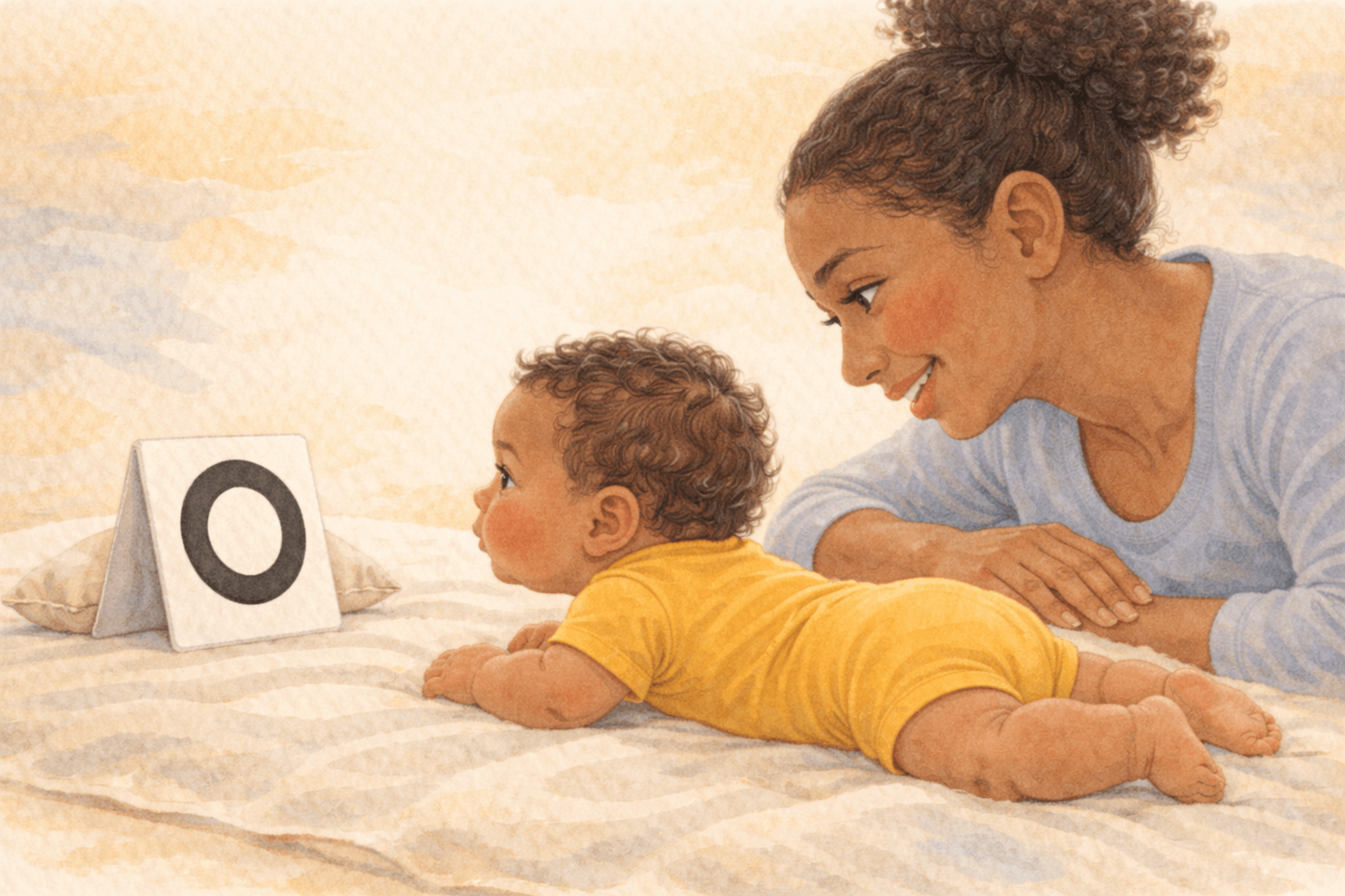 Mom with dark brown skin and curly hair in a high puff holding her newborn face to face, making eye contact and talking during a wake window