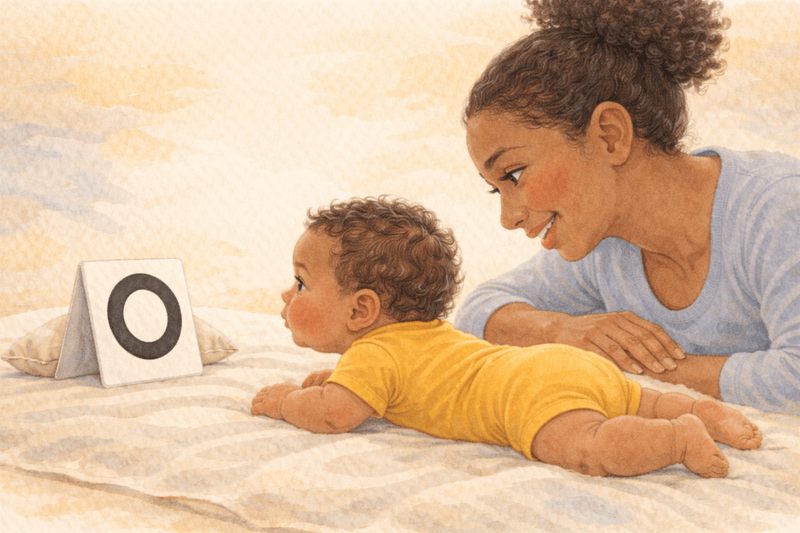 Mom with dark brown skin and curly hair in a high puff holding her newborn face to face, making eye contact and talking during a wake window