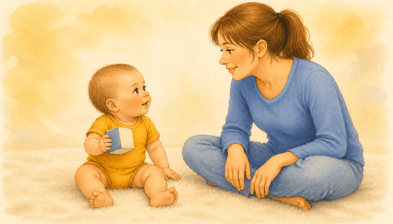 Seven-month-old baby sitting independently on a cream rug holding a small fabric cube, looking toward mother — active wake window at seven months