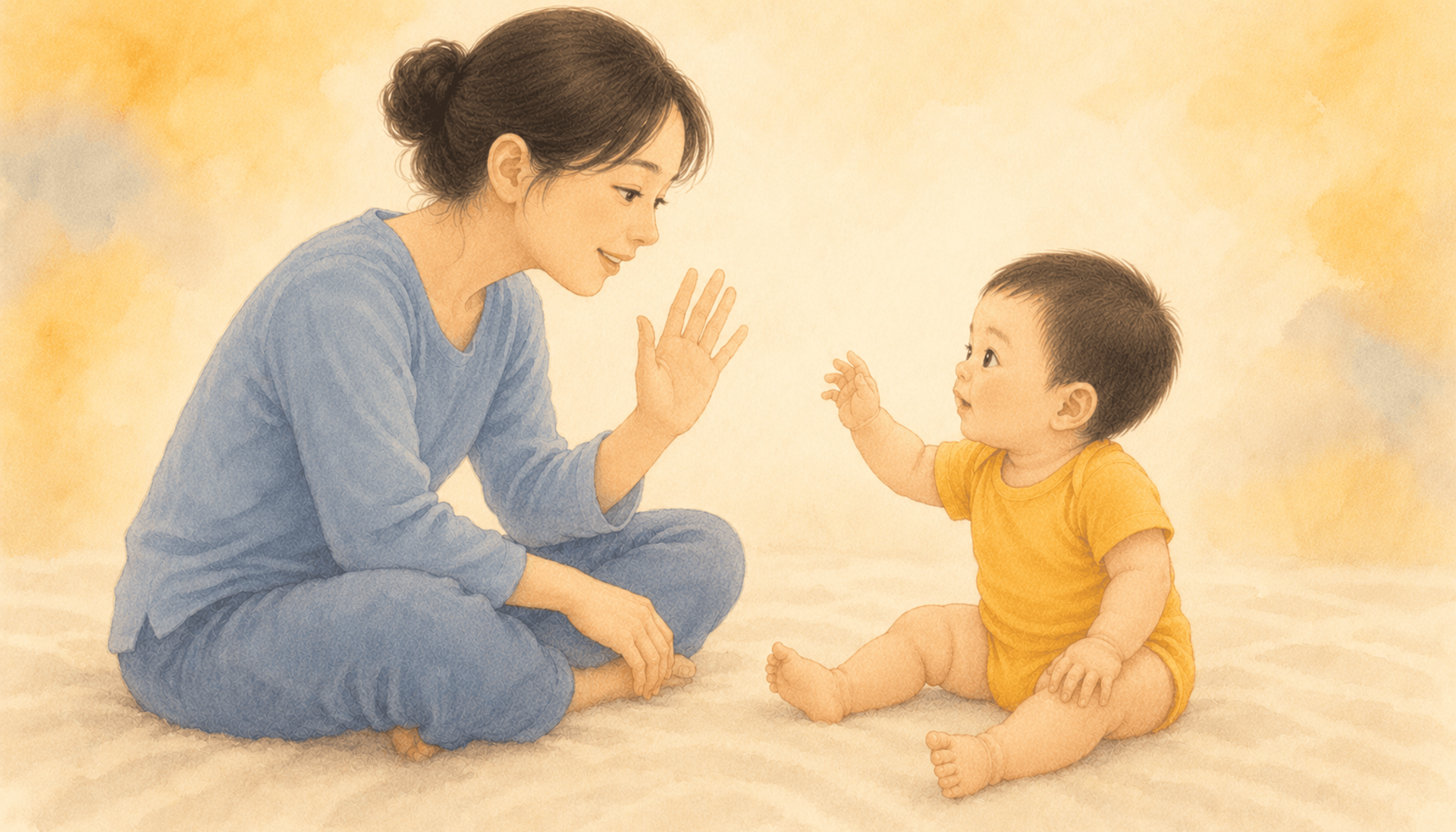 Mother and baby sitting face to face on a cream blanket — mother waving gently as baby raises one arm, illustrating when do babies wave bye-bye development