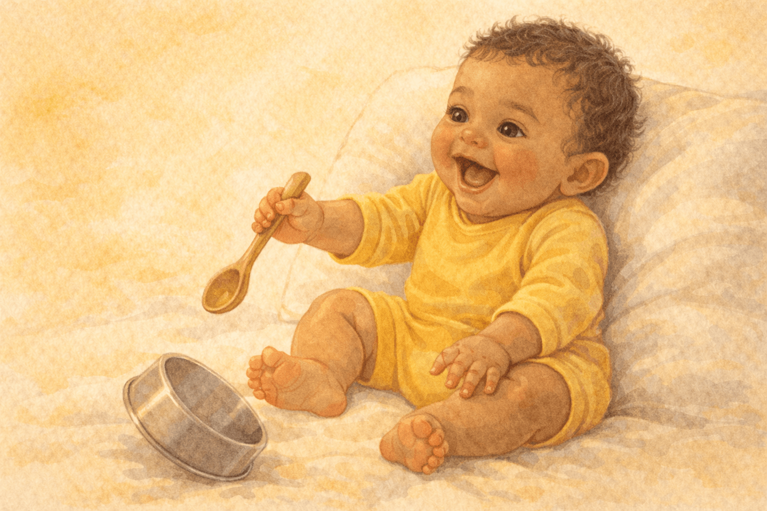 Five month old baby banging a wooden spoon on a bowl with delight — cause and effect discovery at 5 months