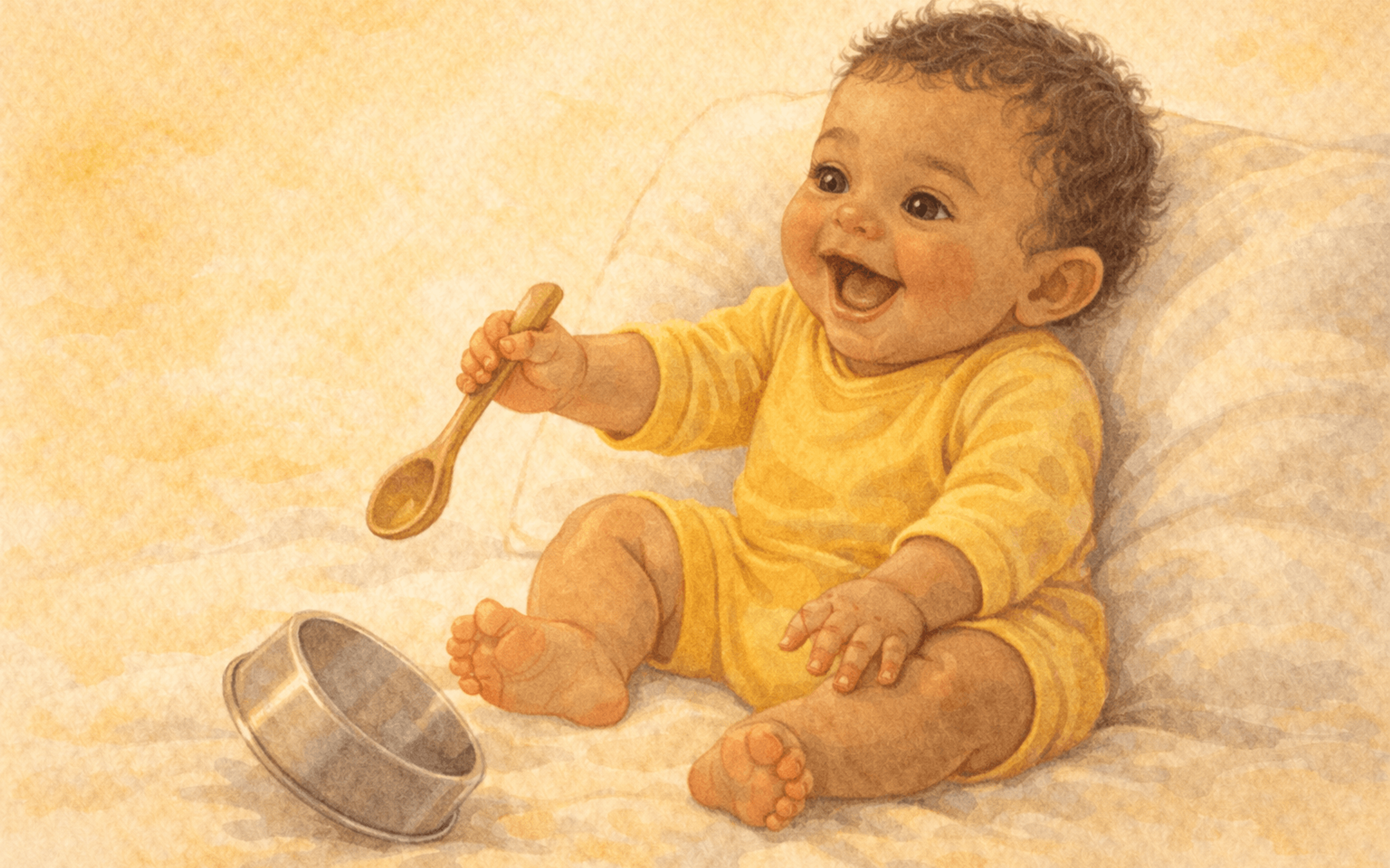 Five month old baby banging a wooden spoon on a bowl with delight — cause and effect discovery at 5 months