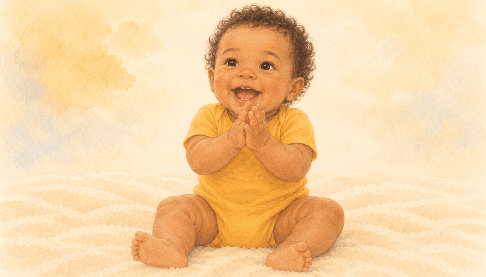 9-month-old baby with dark curls sitting upright on a cream blanket, both hands pressed together in a happy clap, mouth open in a joyful smile