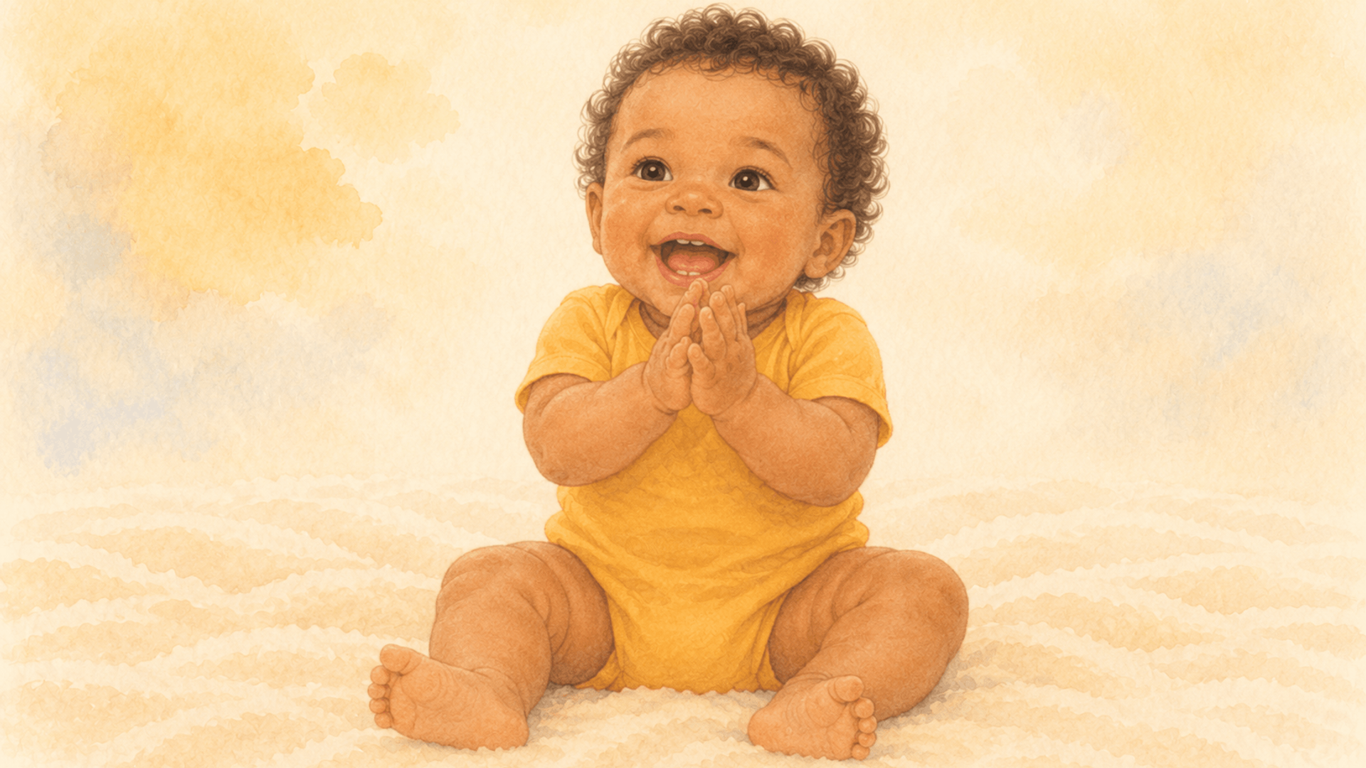 9-month-old baby with dark curls sitting upright on a cream blanket, both hands pressed together in a happy clap, mouth open in a joyful smile