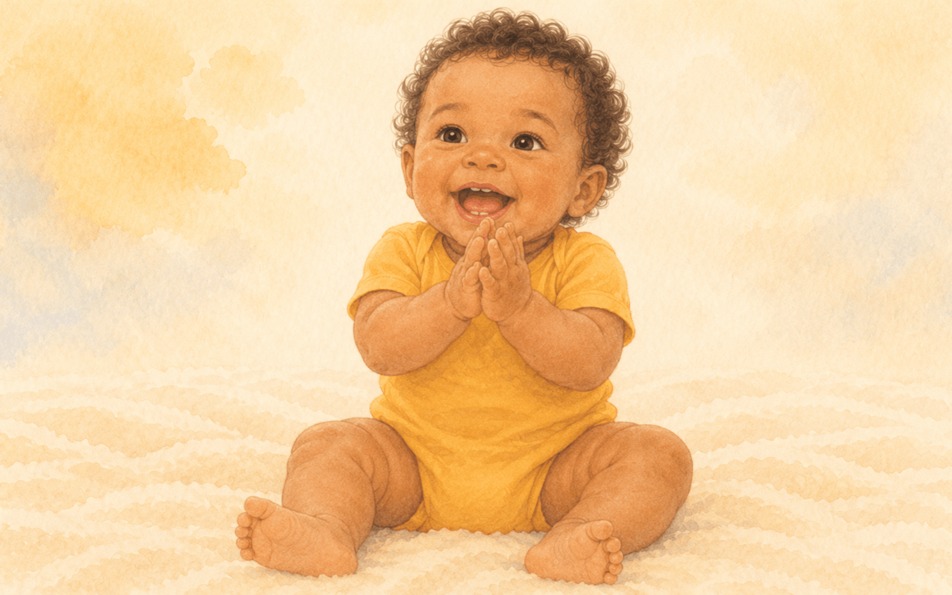 9-month-old baby with dark curls sitting upright on a cream blanket, both hands pressed together in a happy clap, mouth open in a joyful smile