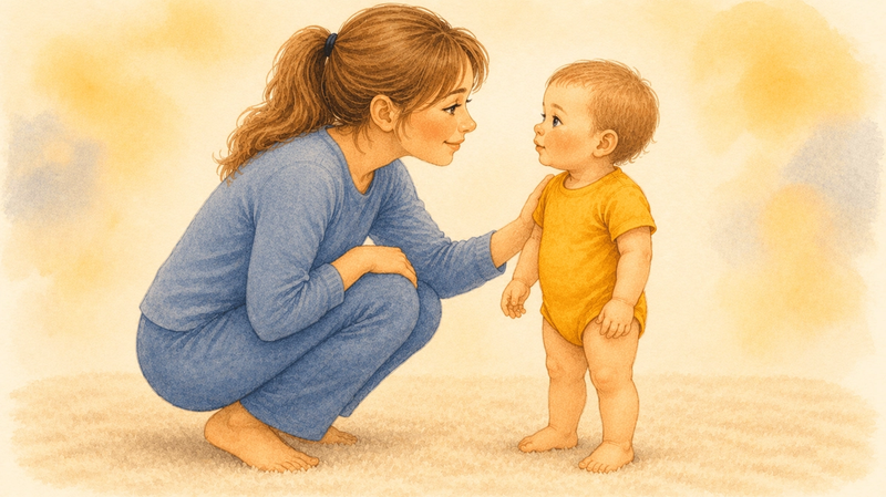 Mother crouched to eye level with toddler, hand gently on the child's arm — calm grounding response after a toddler biting incident