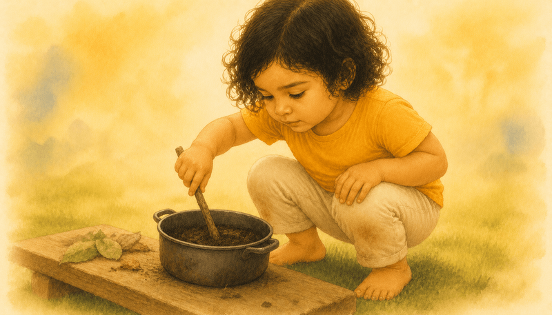2.5-year-old toddler crouching at a simple outdoor mud kitchen, stirring soil with a stick — pretend play summer activity for toddlers age 2 to 3