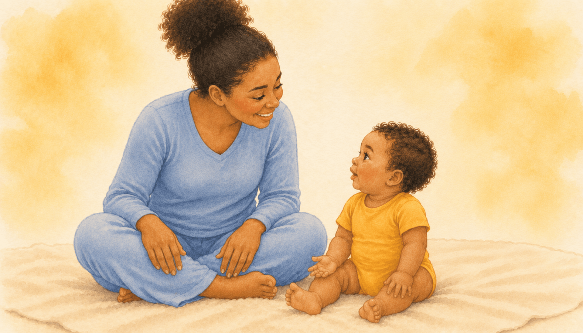 9-month-old baby sitting on a cream rug looking up at mother after clapping, mother leaning toward baby with a wide warm smile — social gesture development at 9 months
