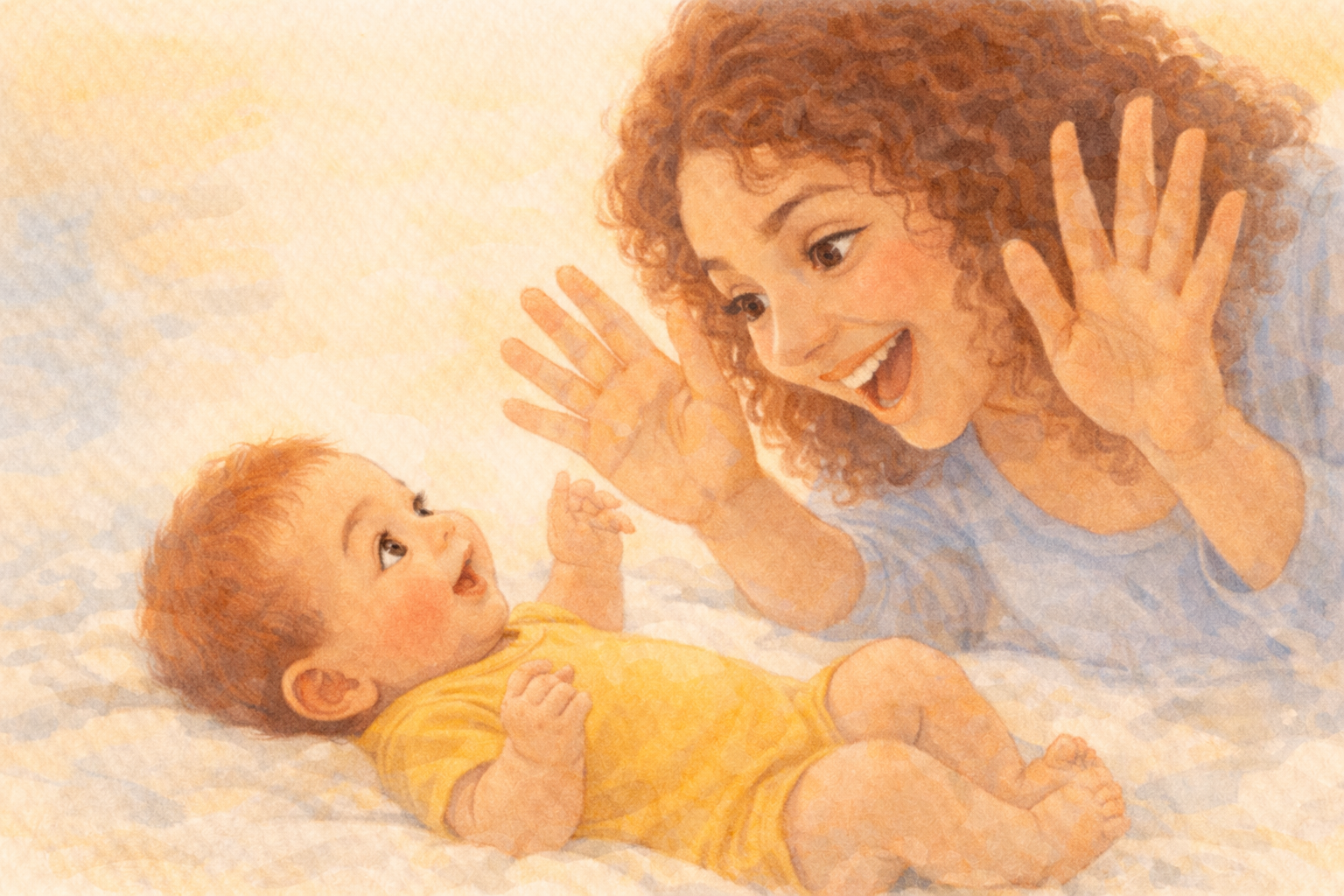 Mom with light brown skin and auburn curly hair playing peekaboo with her smiling 3-month-old baby, warm watercolor illustration