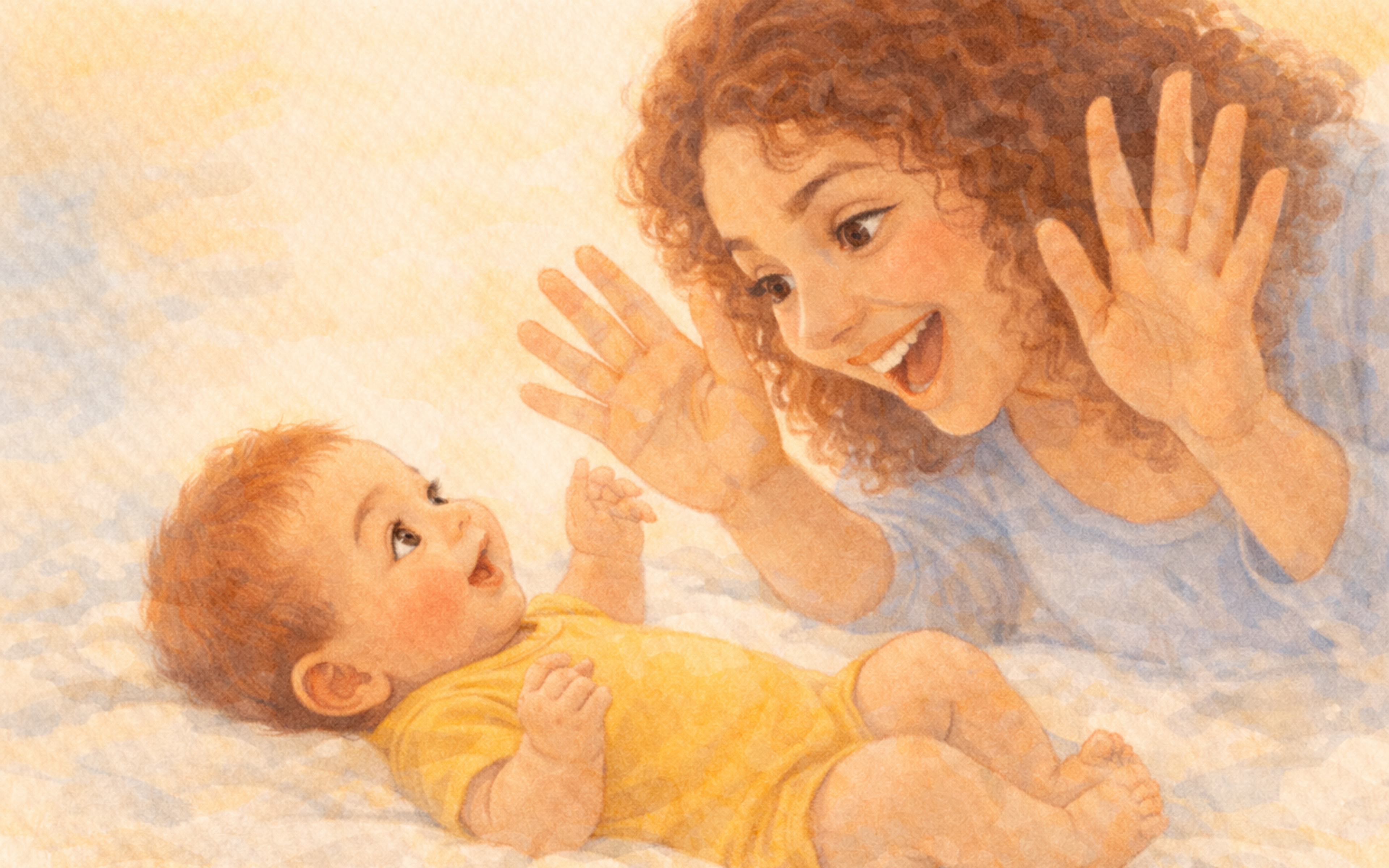 Mom with light brown skin and auburn curly hair playing peekaboo with her smiling 3-month-old baby, warm watercolor illustration