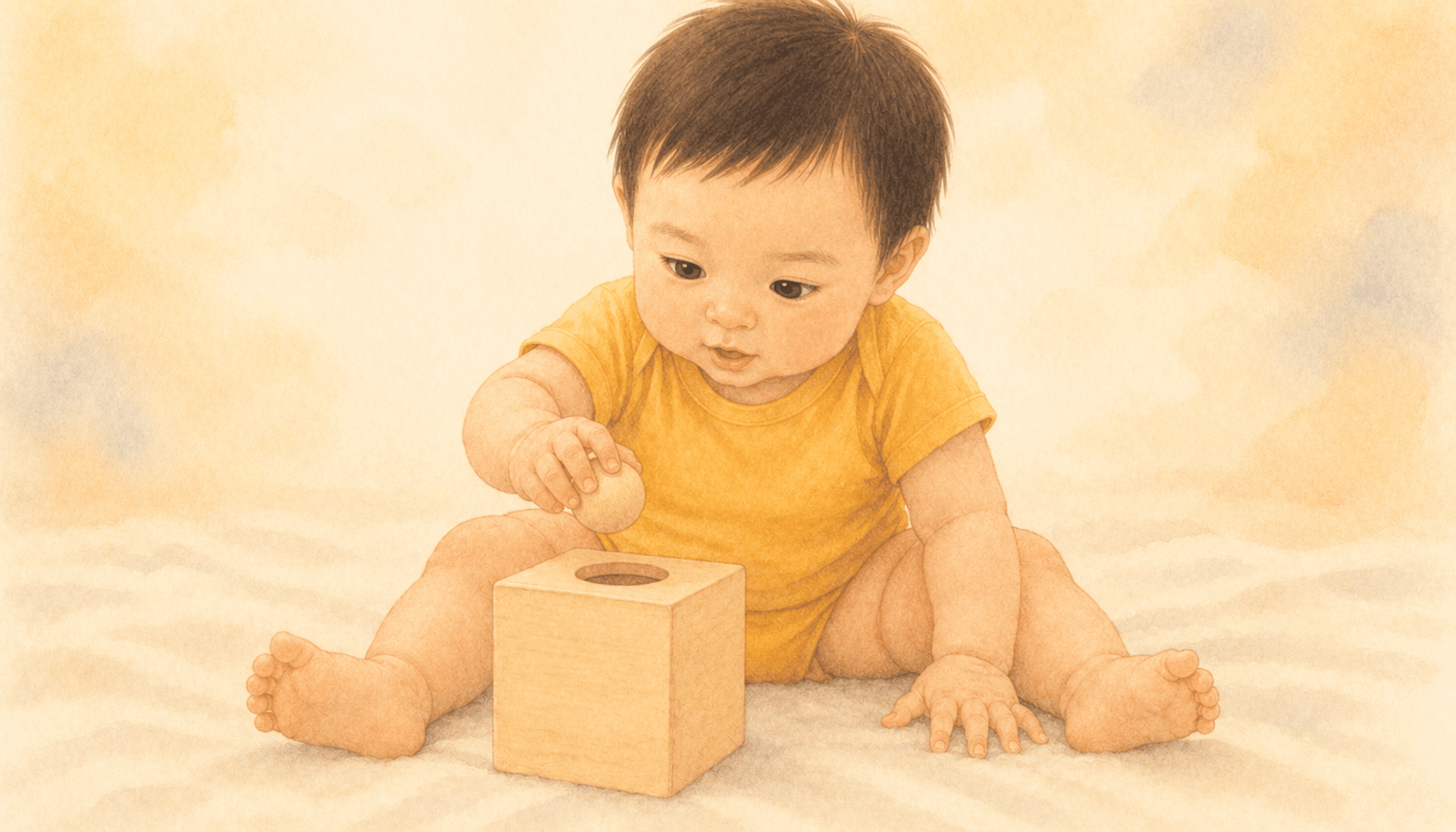 Eight-month-old baby dropping a wooden ball into a Montessori object permanence box — activity for developing object permanence in babies