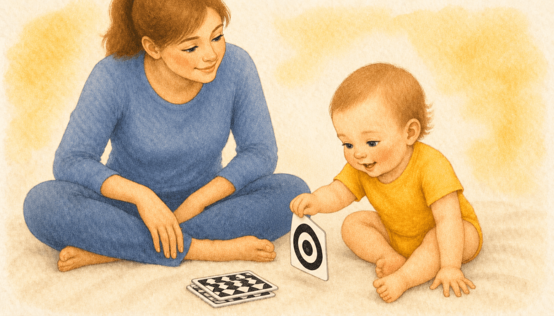 Twelve-month-old baby picking up a high-contrast black-and-white card with a pincer grasp while mother watches — hand eye coordination milestone at 12 months