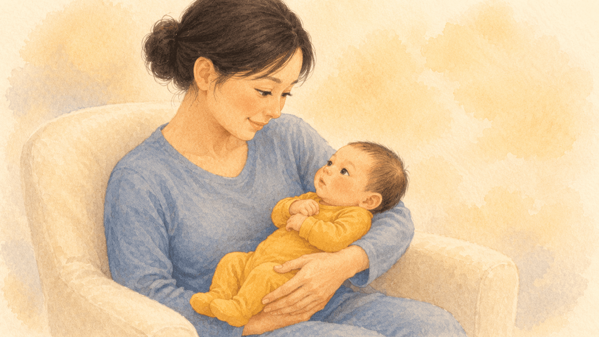 Mother with East Asian features cradling a sleeping newborn in her arm in a warm watercolor illustration — first week with newborn at home