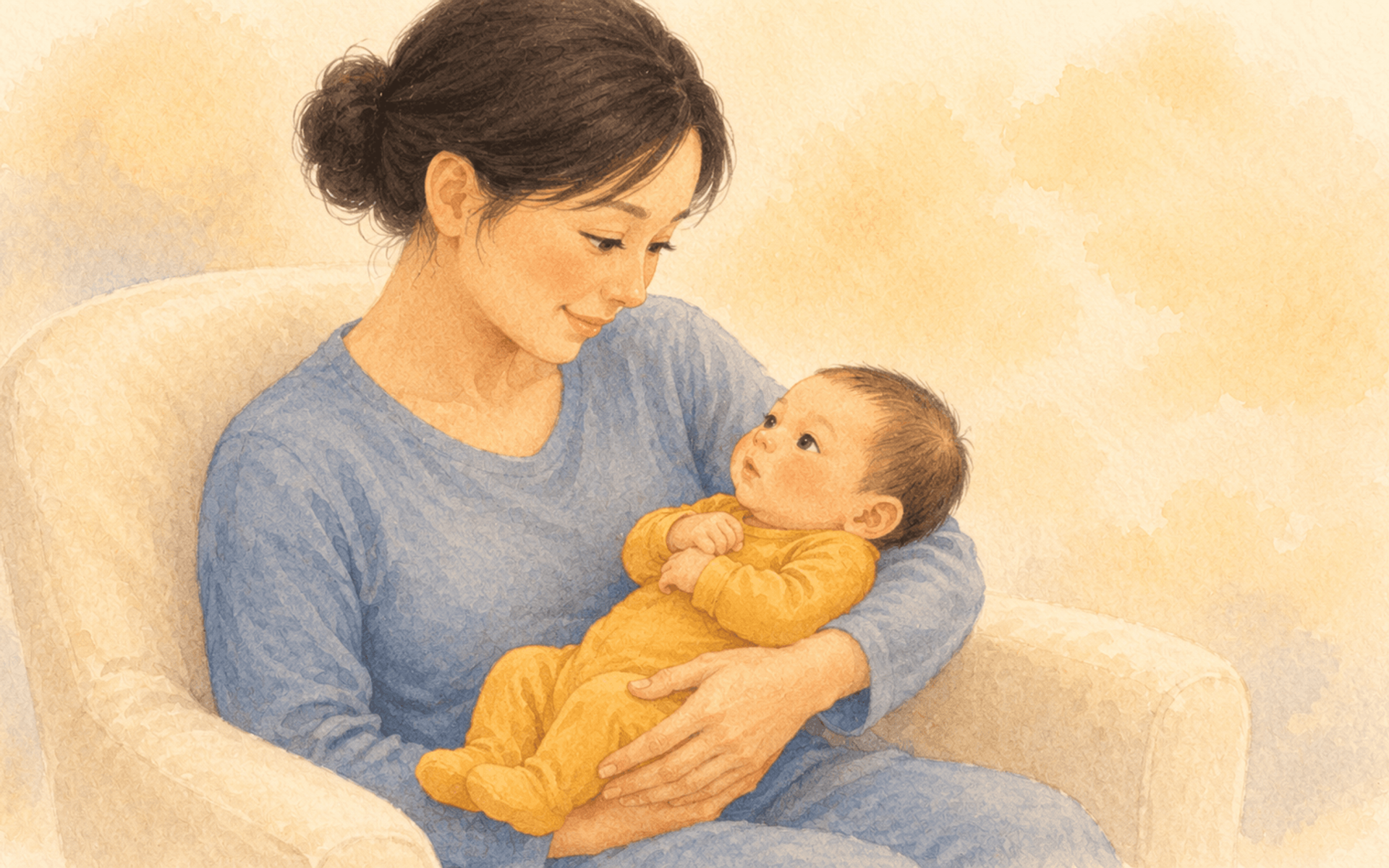Mother with East Asian features cradling a sleeping newborn in her arm in a warm watercolor illustration — first week with newborn at home