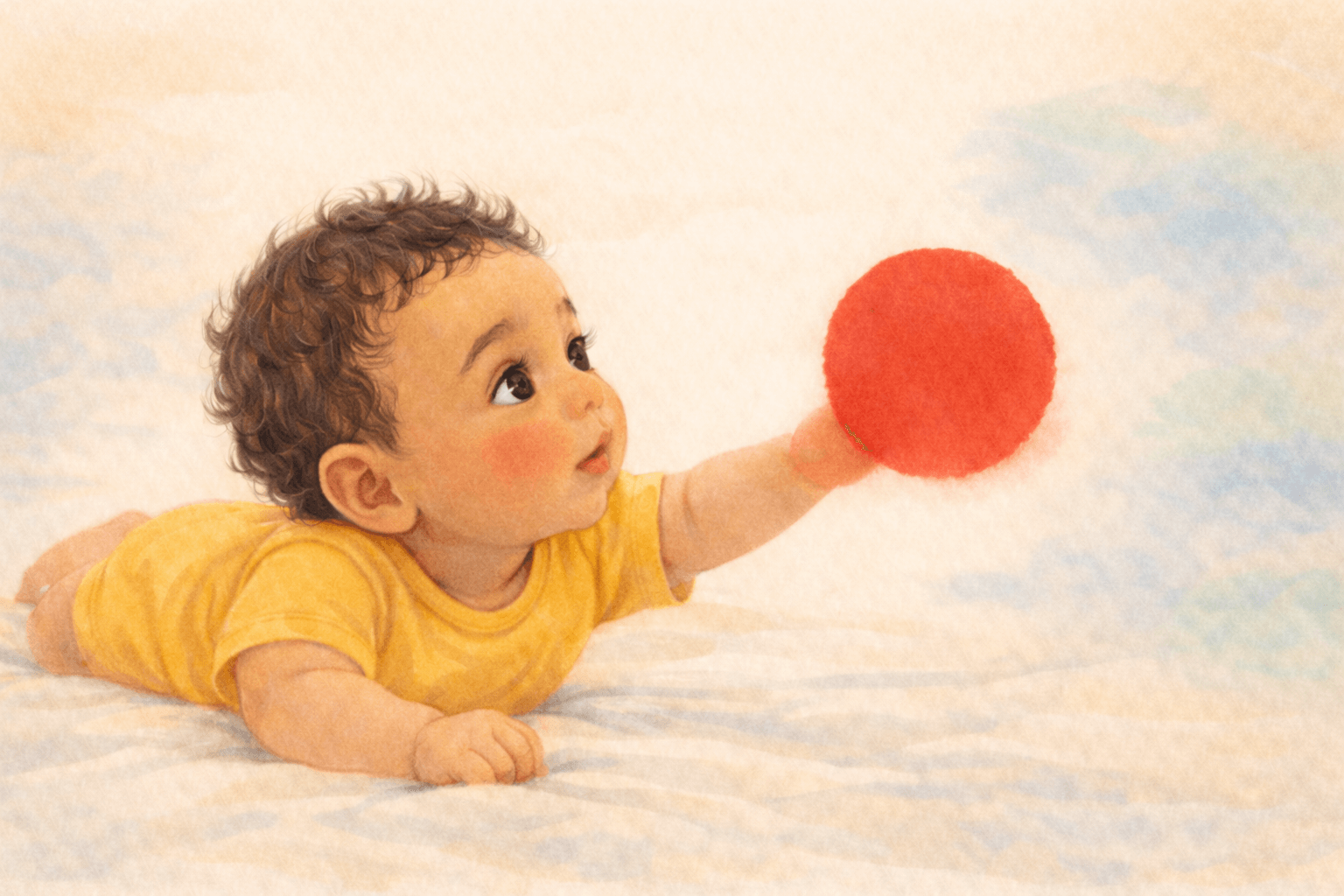 Baby with olive skin and dark wavy hair gazing at a bold red circle, with faint colors emerging in the background, watercolor illustration