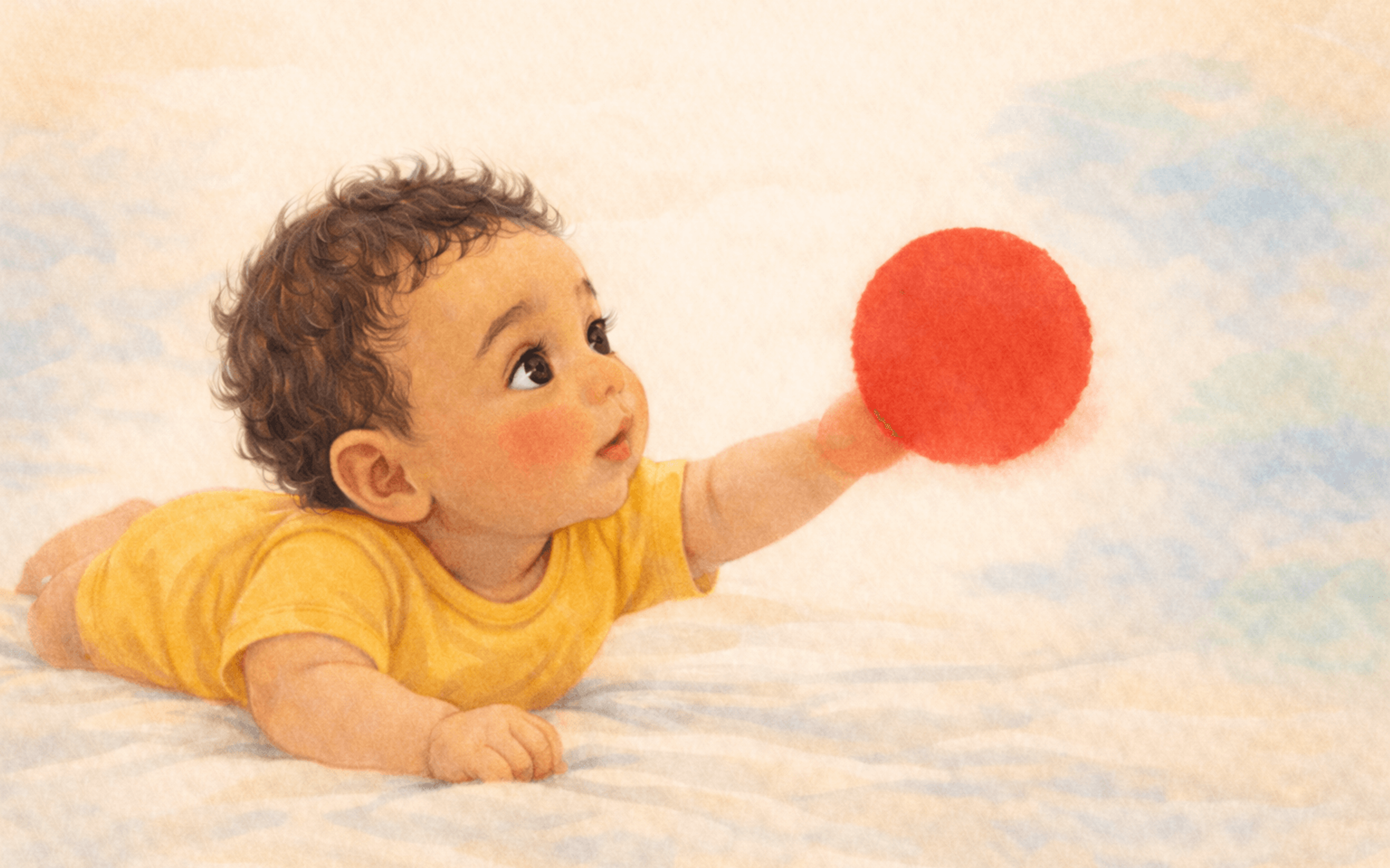 Baby with olive skin and dark wavy hair gazing at a bold red circle, with faint colors emerging in the background, watercolor illustration