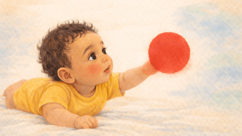 Baby with olive skin and dark wavy hair gazing at a bold red circle, with faint colors emerging in the background, watercolor illustration