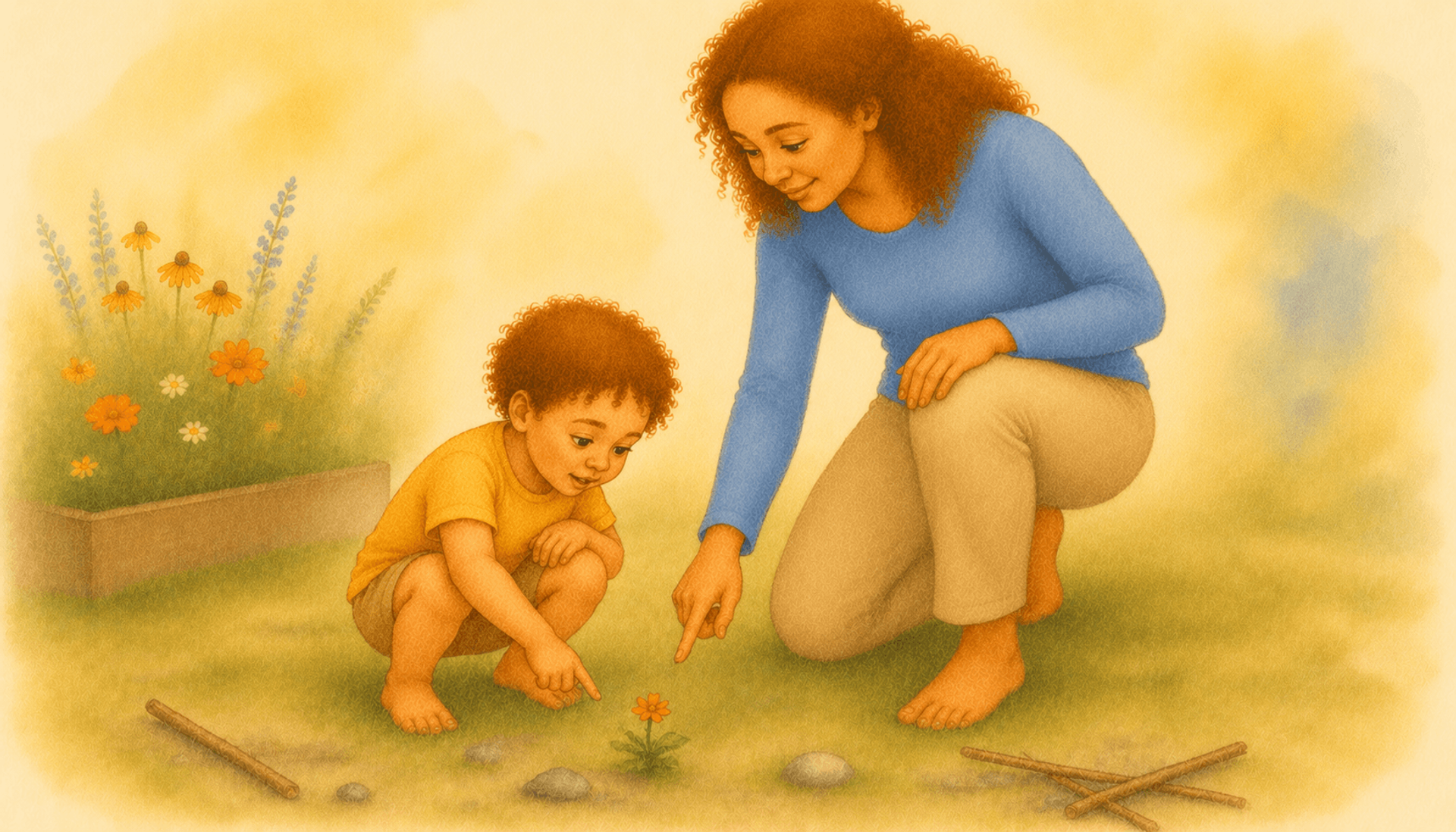 Preschooler and mother crouching in a garden examining a small flower together — outdoor summer activities for preschoolers and nature-based language development