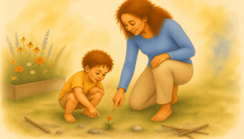 Preschooler and mother crouching in a garden examining a small flower together — outdoor summer activities for preschoolers and nature-based language development