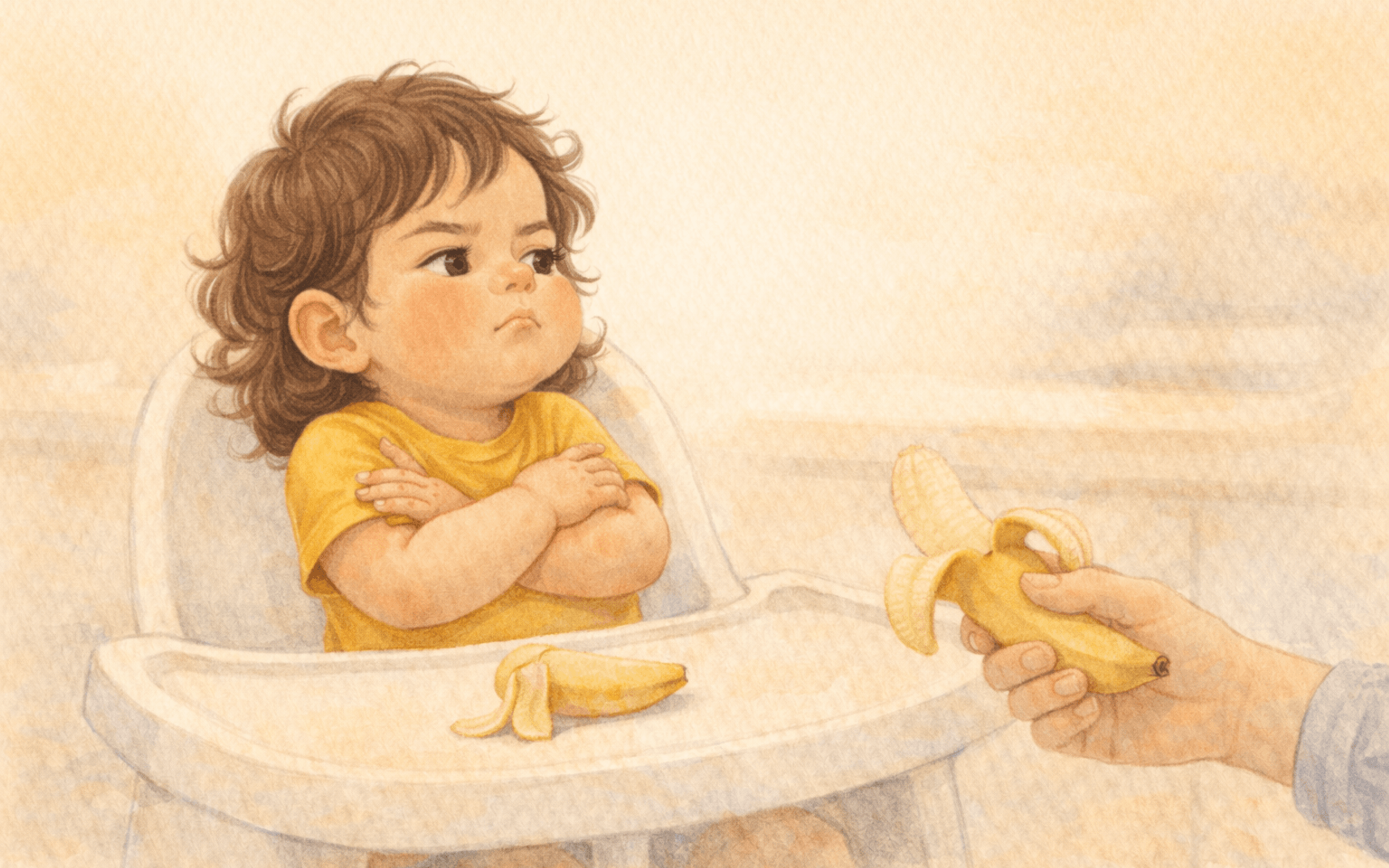Toddler with arms crossed refusing a banana in high chair — why toddlers say no to everything