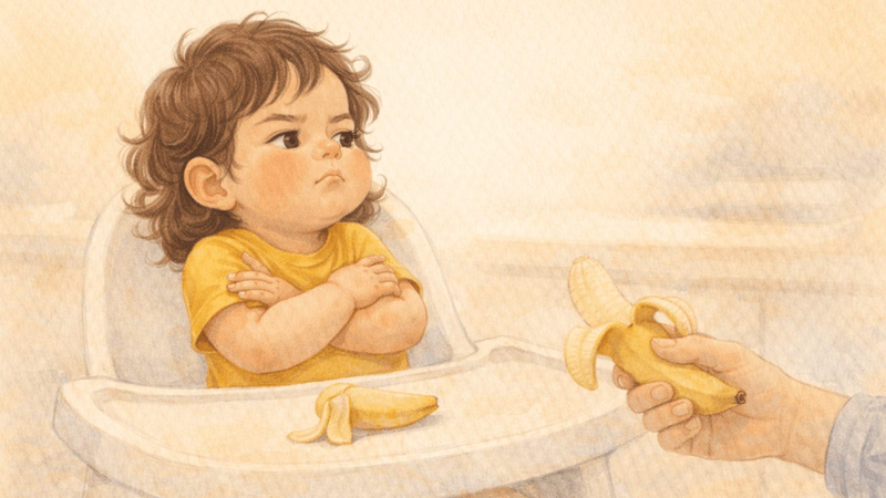 Toddler with arms crossed refusing a banana in high chair — why toddlers say no to everything