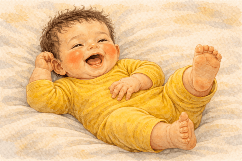 Four month old baby laughing — real laughter emerges between 3 and 4 months as a major social milestone