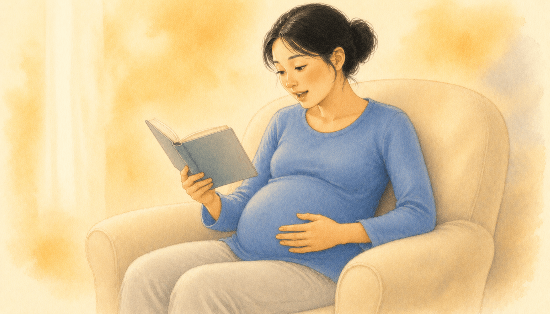 Pregnant woman reading aloud from a book in an armchair, hand resting on her belly — illustrating how a mother's voice supports prenatal brain development