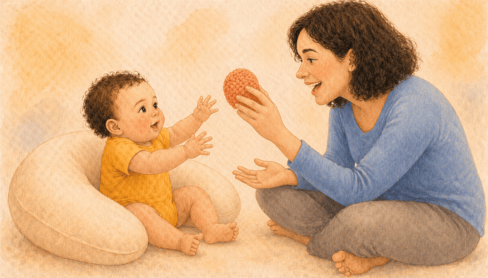 Baby with light-medium skin inside a cream nursing pillow for supported sitting, reaching toward a textured ball held by mother — supported sitting practice at home