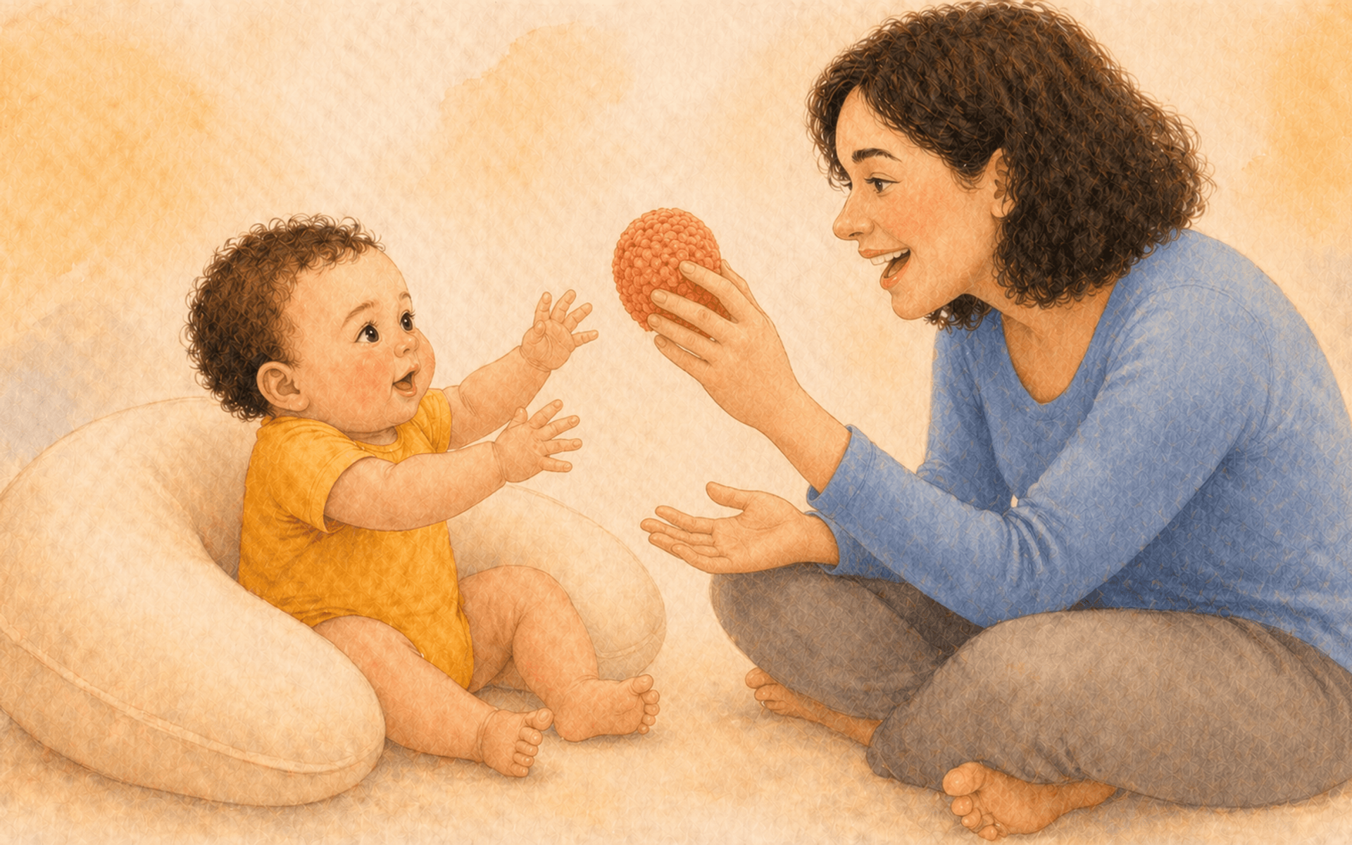 Baby with light-medium skin inside a cream nursing pillow for supported sitting, reaching toward a textured ball held by mother — supported sitting practice at home