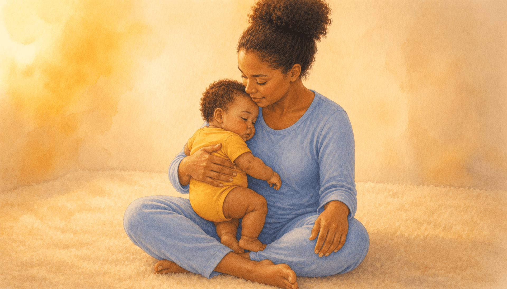 Mother holding a settling 6-month-old close in a calm quiet hold — recovery from overstimulation through steady physical contact