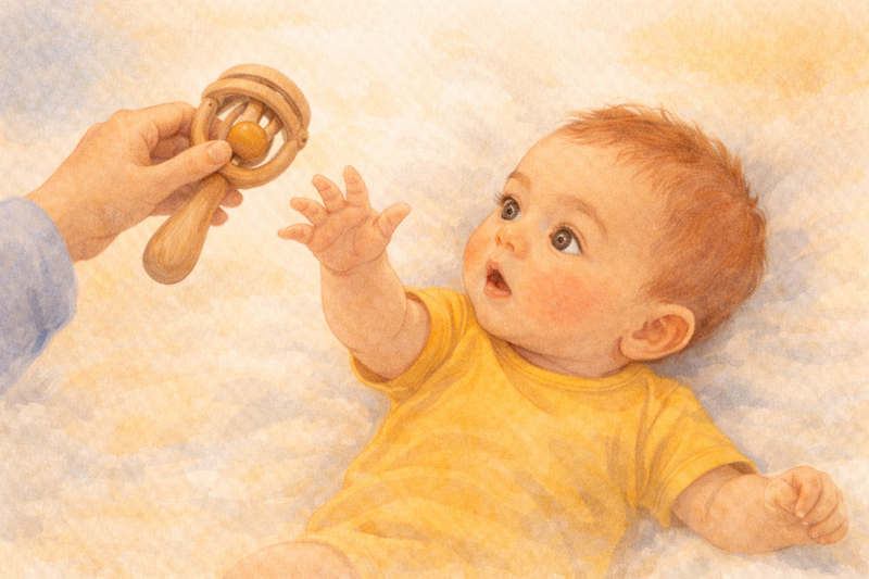 Three-month-old baby reaching toward a wooden rattle with focused concentration, watercolor illustration